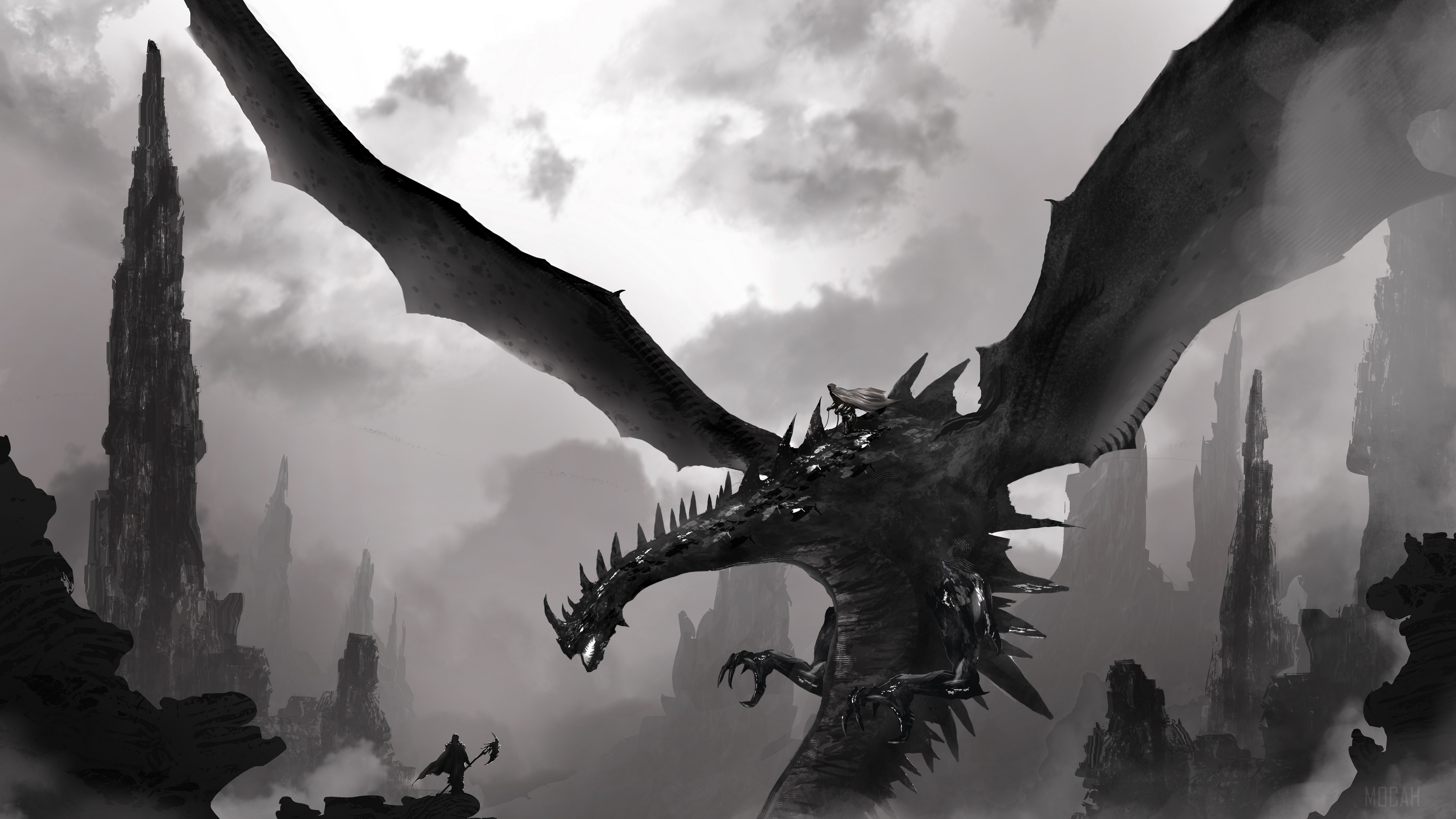 Dragon and Warrior in a rocky landscape 4K HD Wallpaper