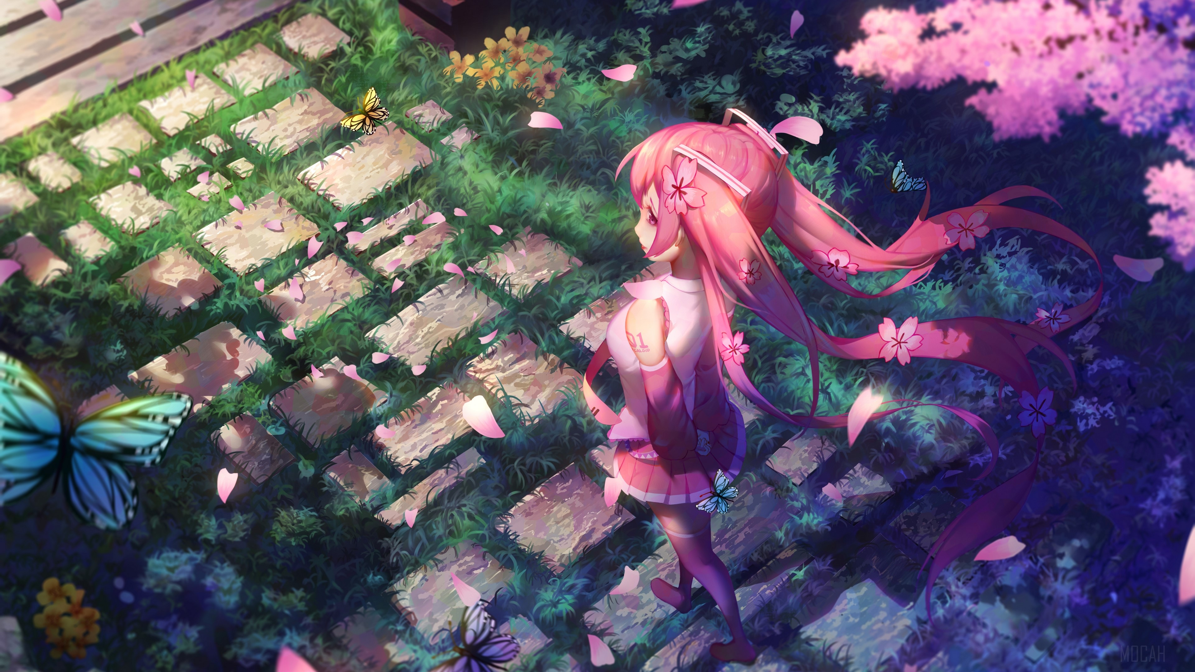 Hatsune Miku in a Cherry Blossom Garden 4K HD Wallpaper