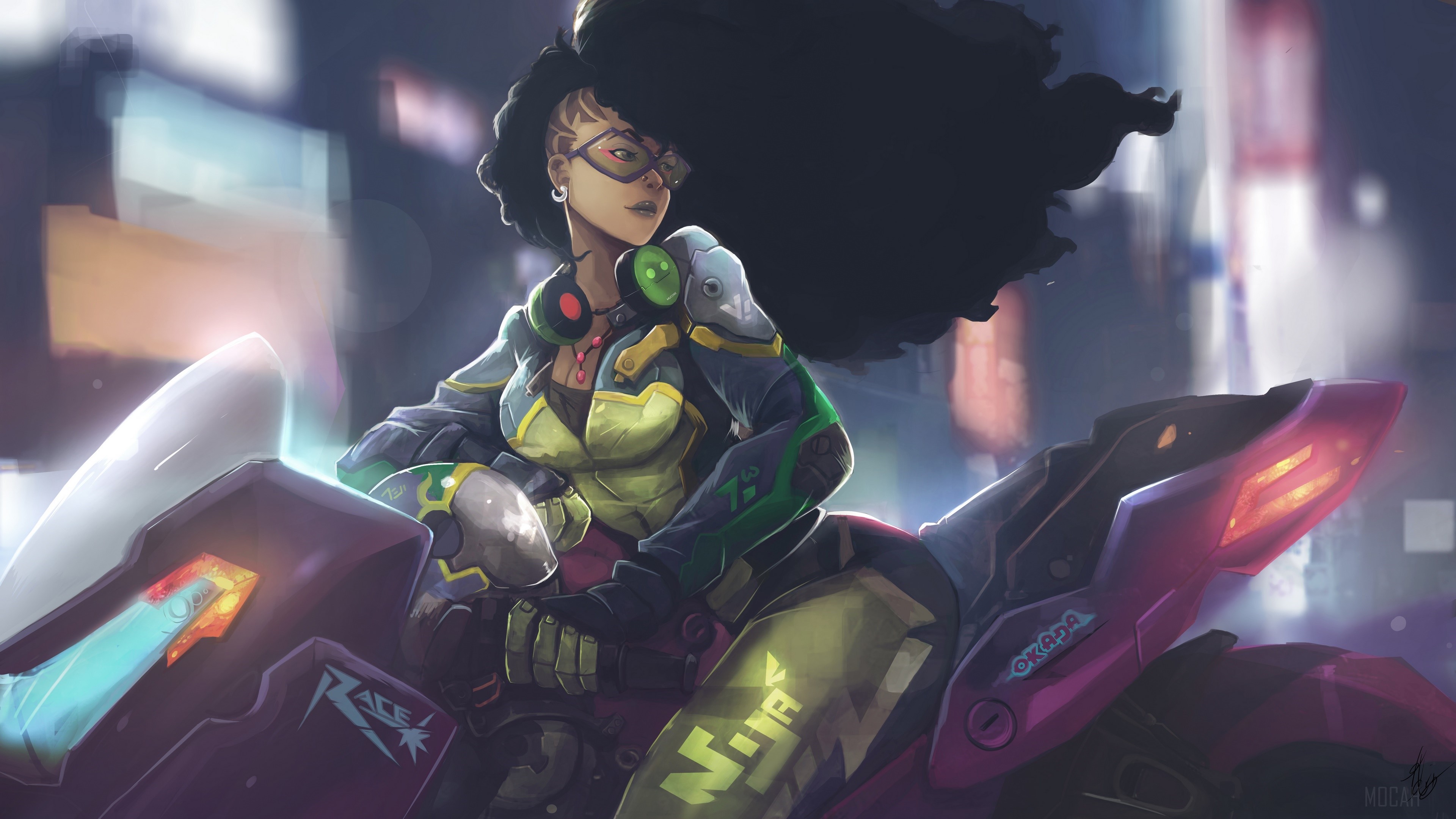 Futuristic Woman with Black Hair on a Motorcycle HD Wallpaper