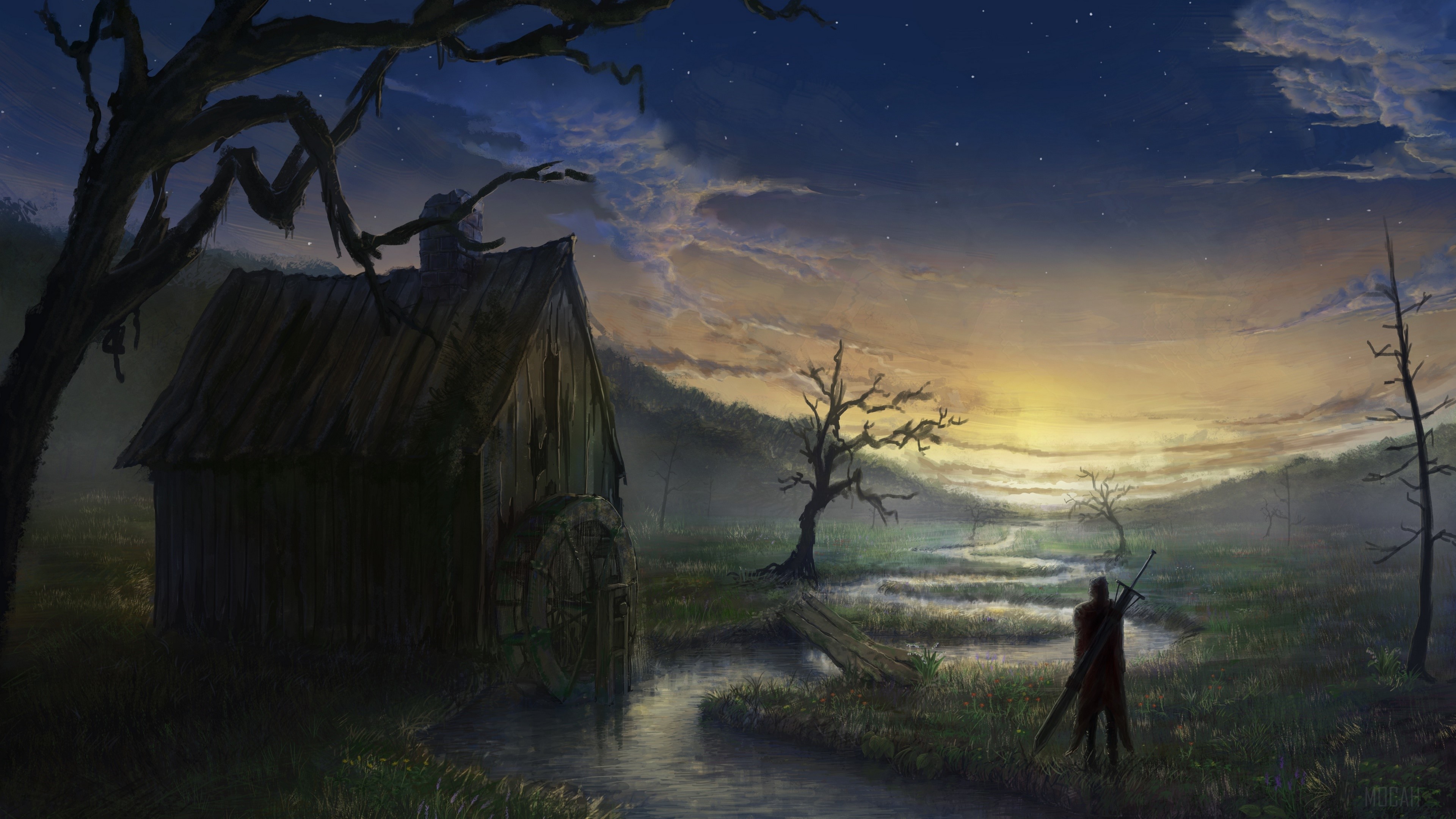 Warrior with Sword near Watermill at Dusk Landscape 4K HD Wallpaper