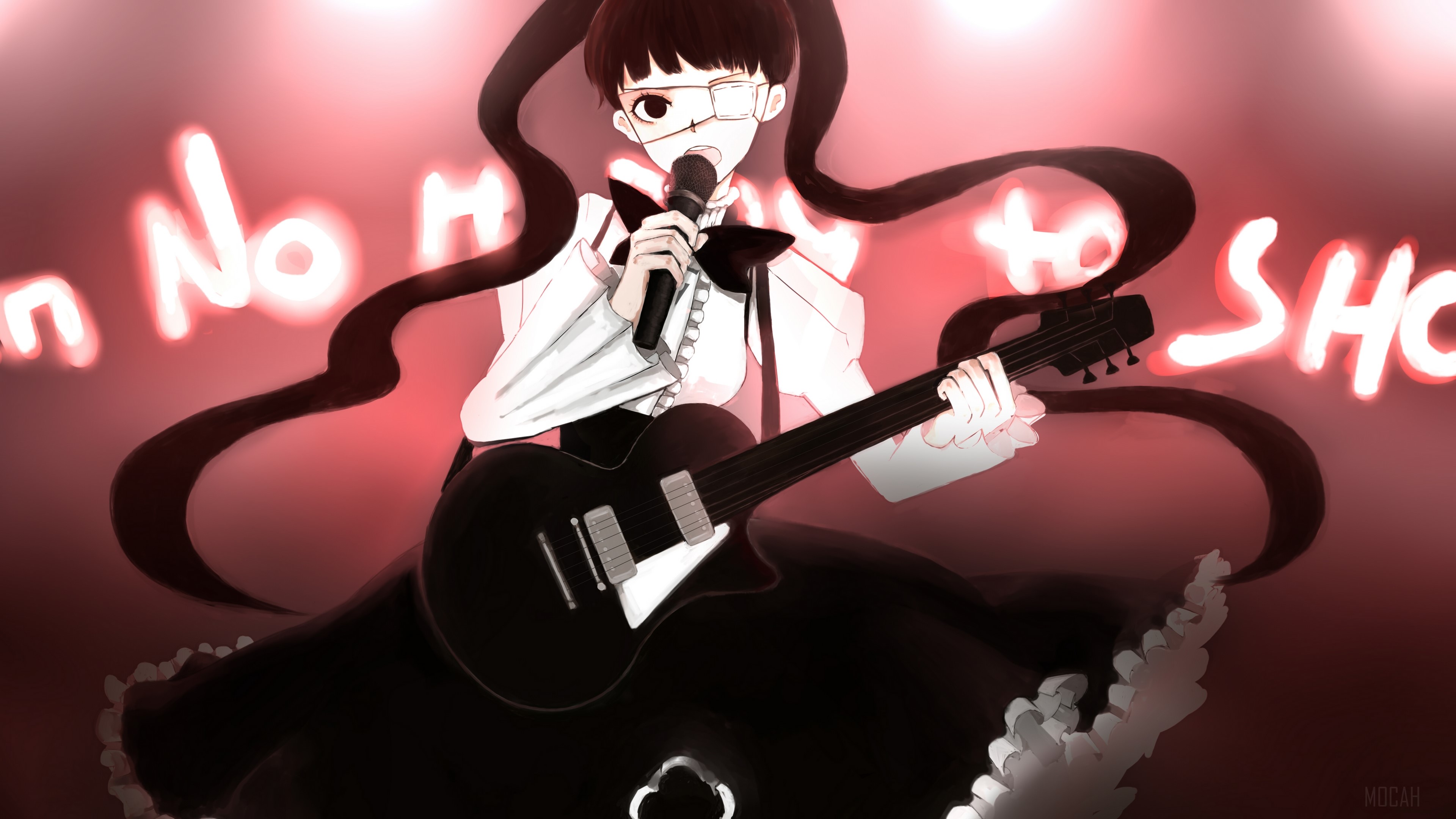 Girl with guitar and microphone on stage HD Wallpaper