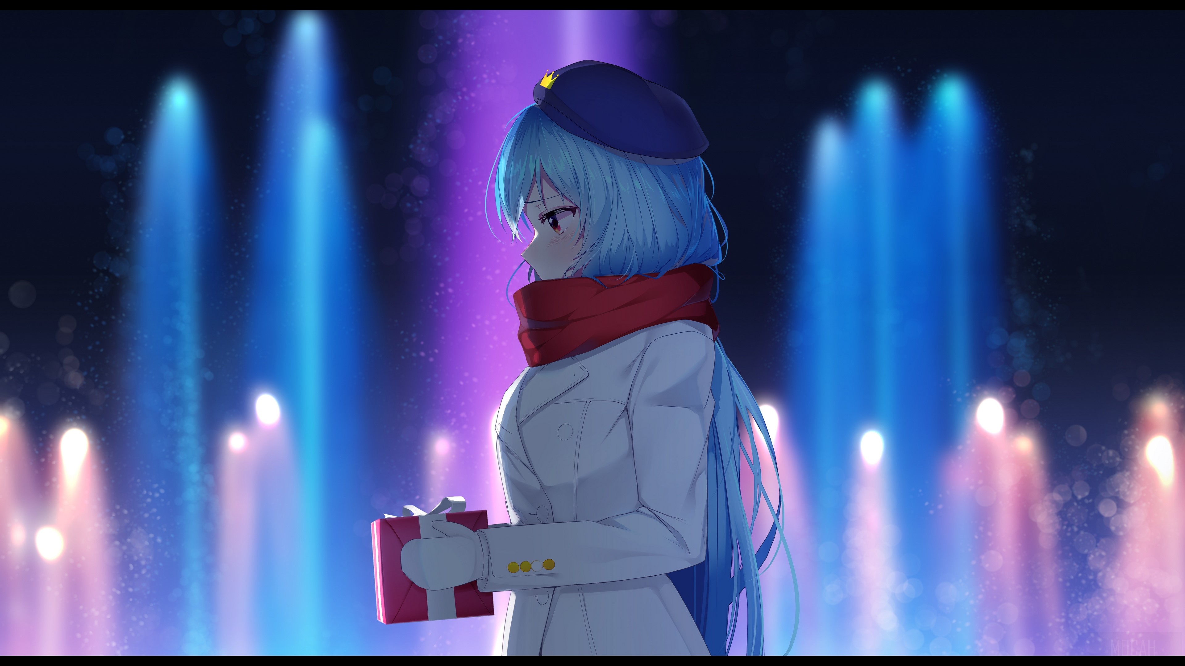 Girl with blue hair holding a gift HD Wallpaper