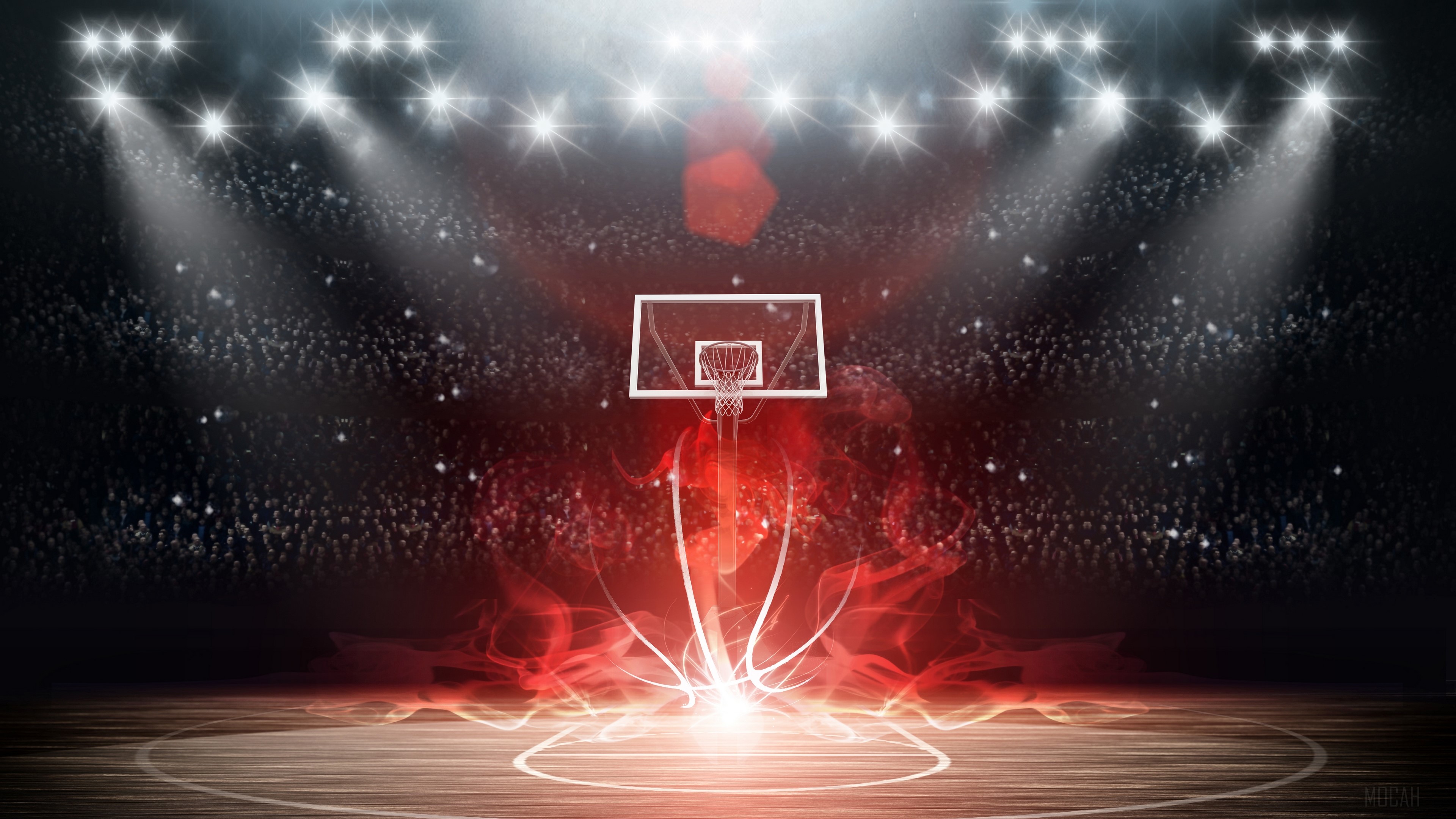 Basketball court with stadium lights and red smoke HD Wallpaper