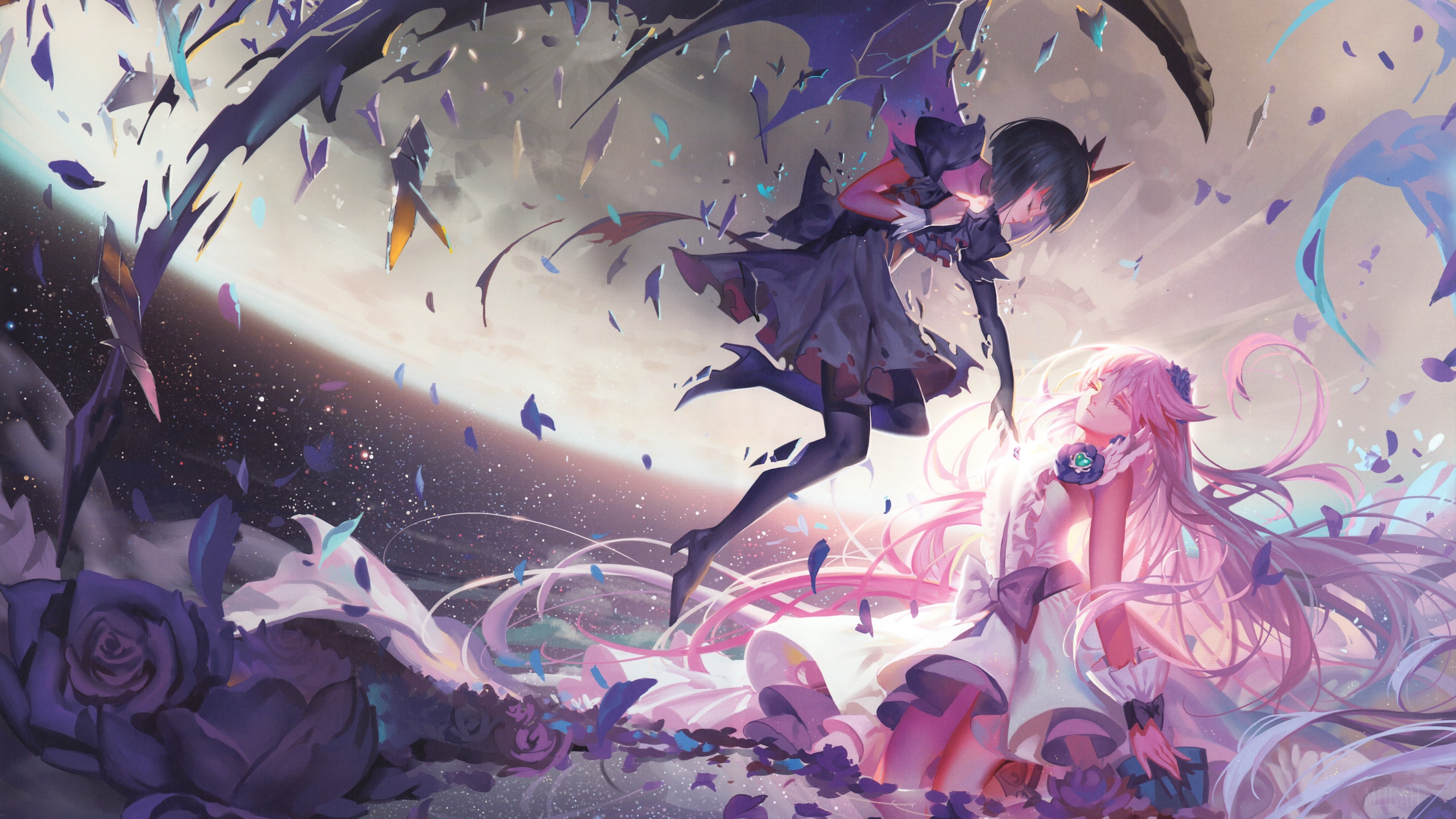 Two anime girls in a cosmic battle HD Wallpaper