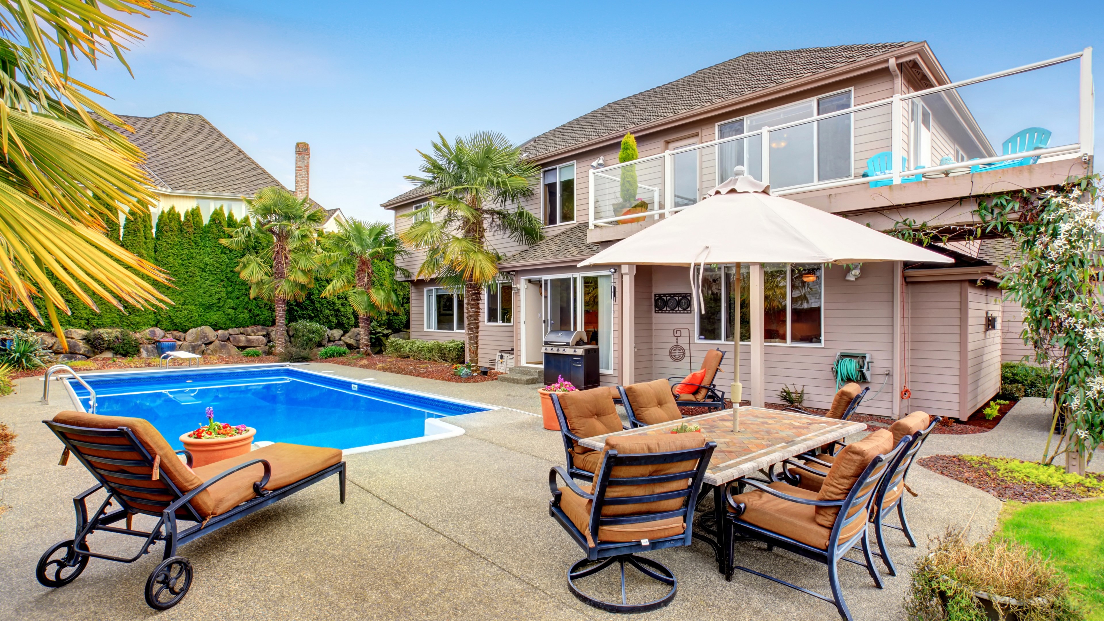 House with Pool and Outdoor Furniture HD Wallpaper