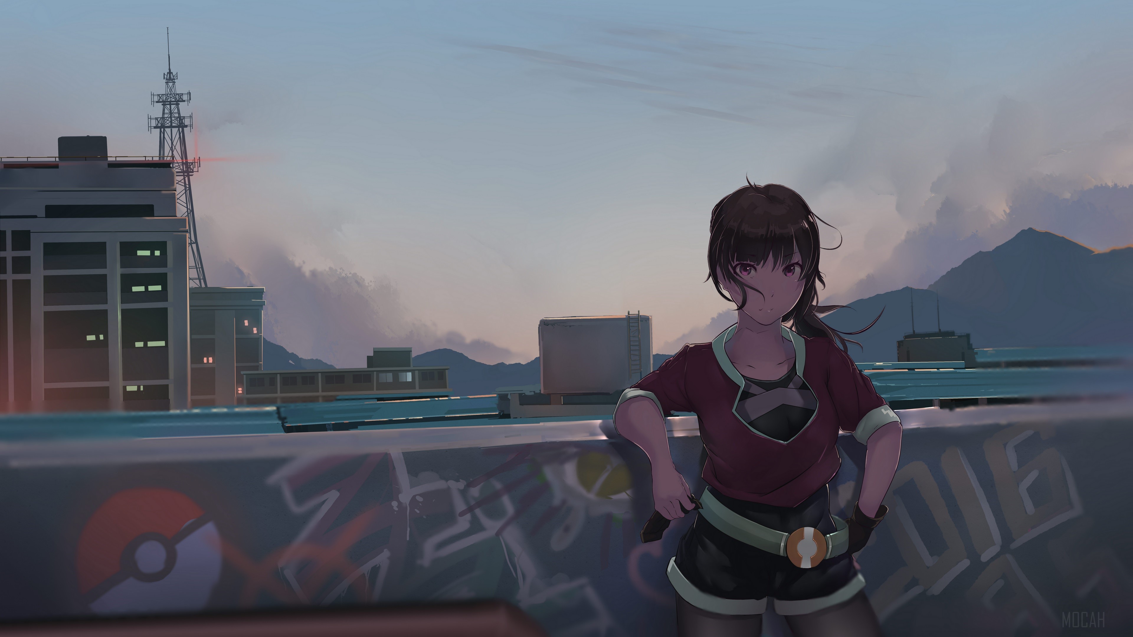 Girl on a rooftop with Pokemon graffiti HD Wallpaper