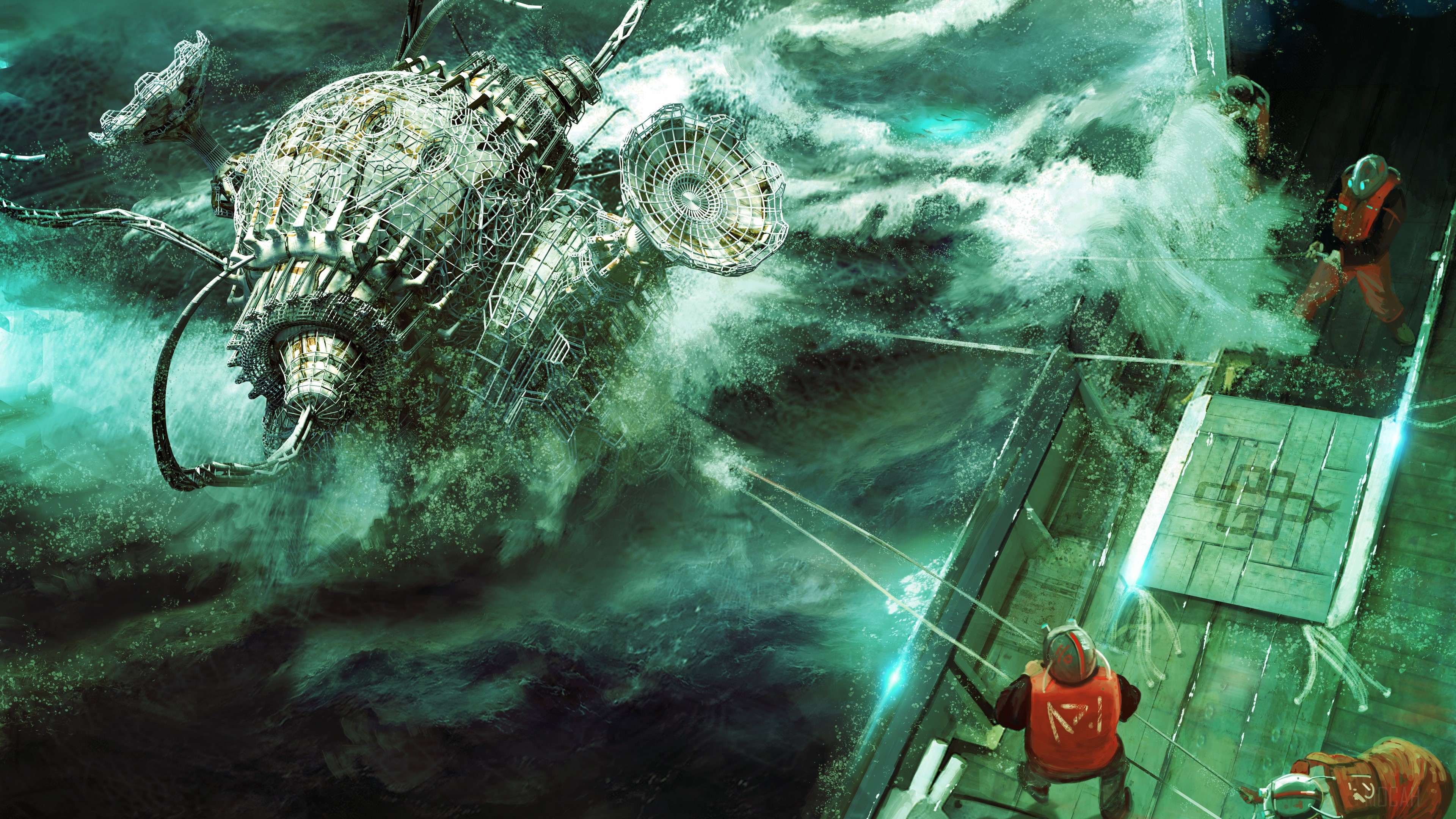 Mechanical Structure in Rough Sea HD Wallpaper