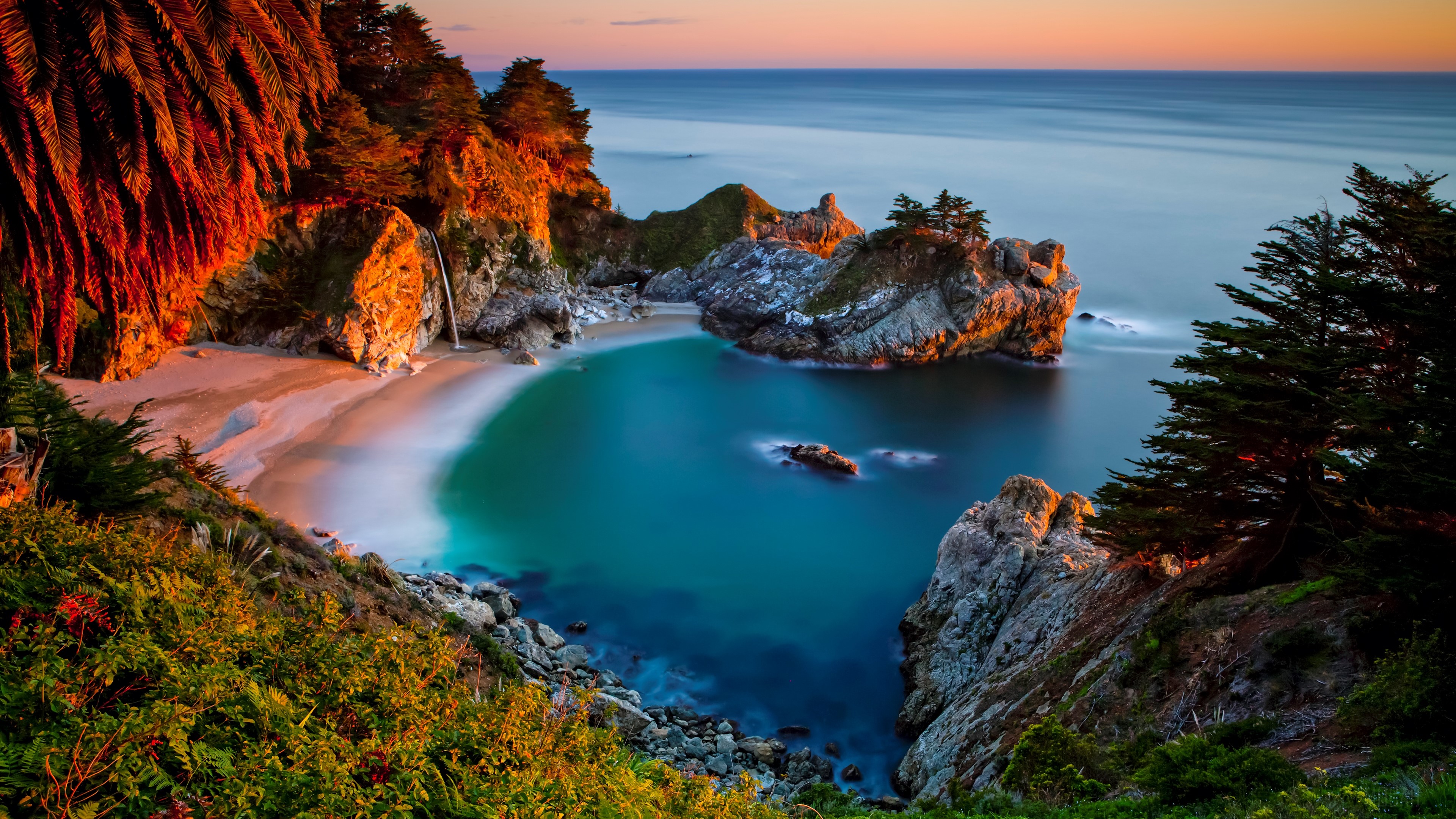 California Coastline with Waterfall and Rocky Beach 4K HD Wallpaper