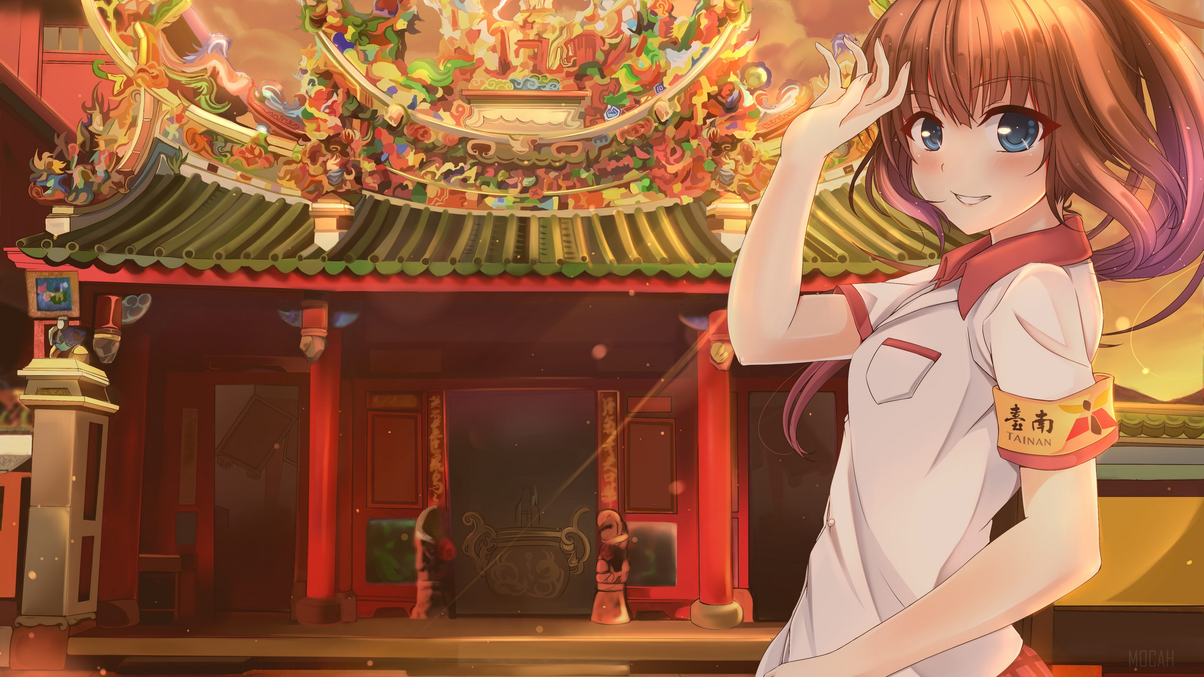 Anime girl in school uniform in front of a temple HD Wallpaper