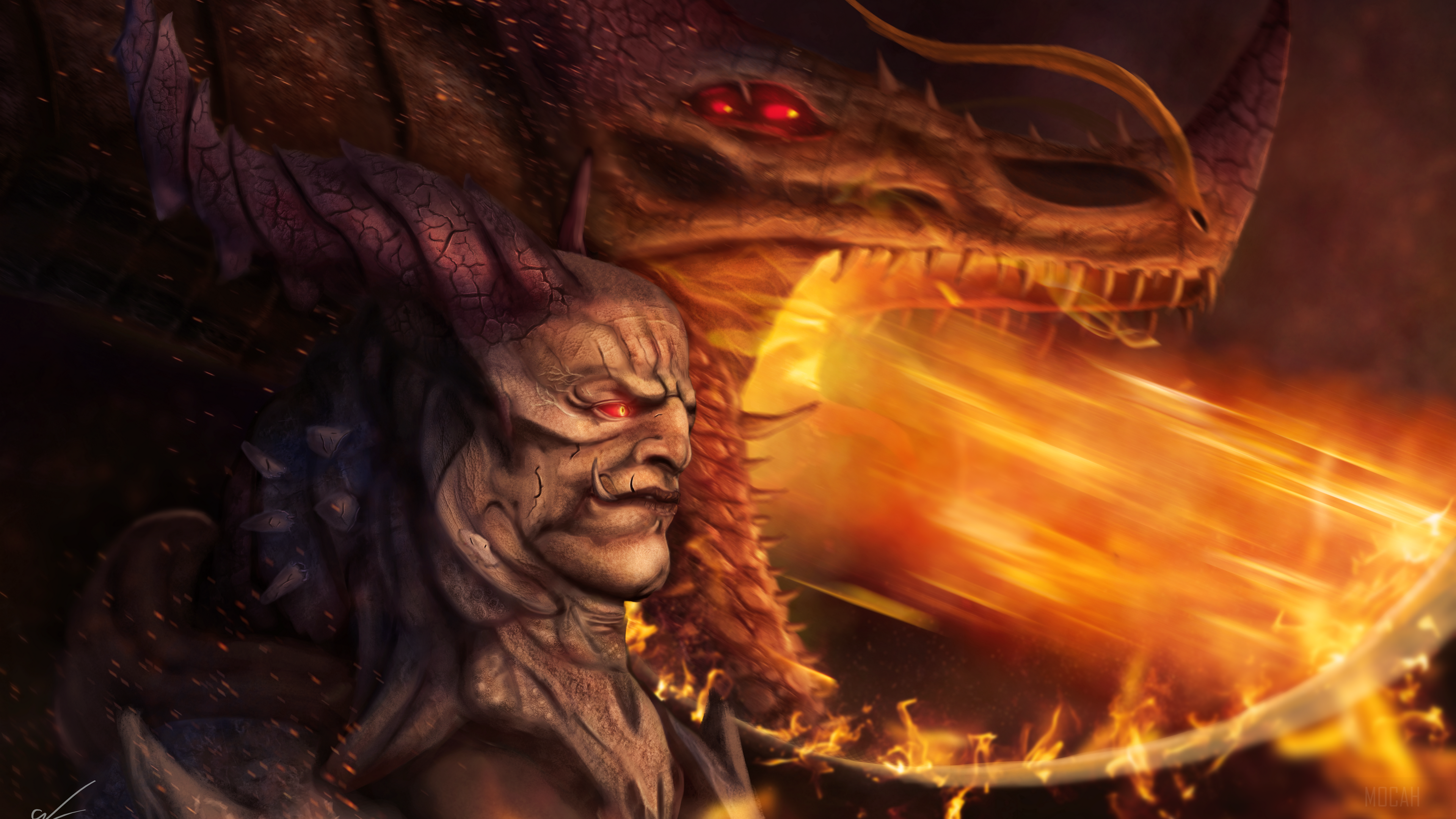 Demon and Dragon Breathing Fire HD Wallpaper