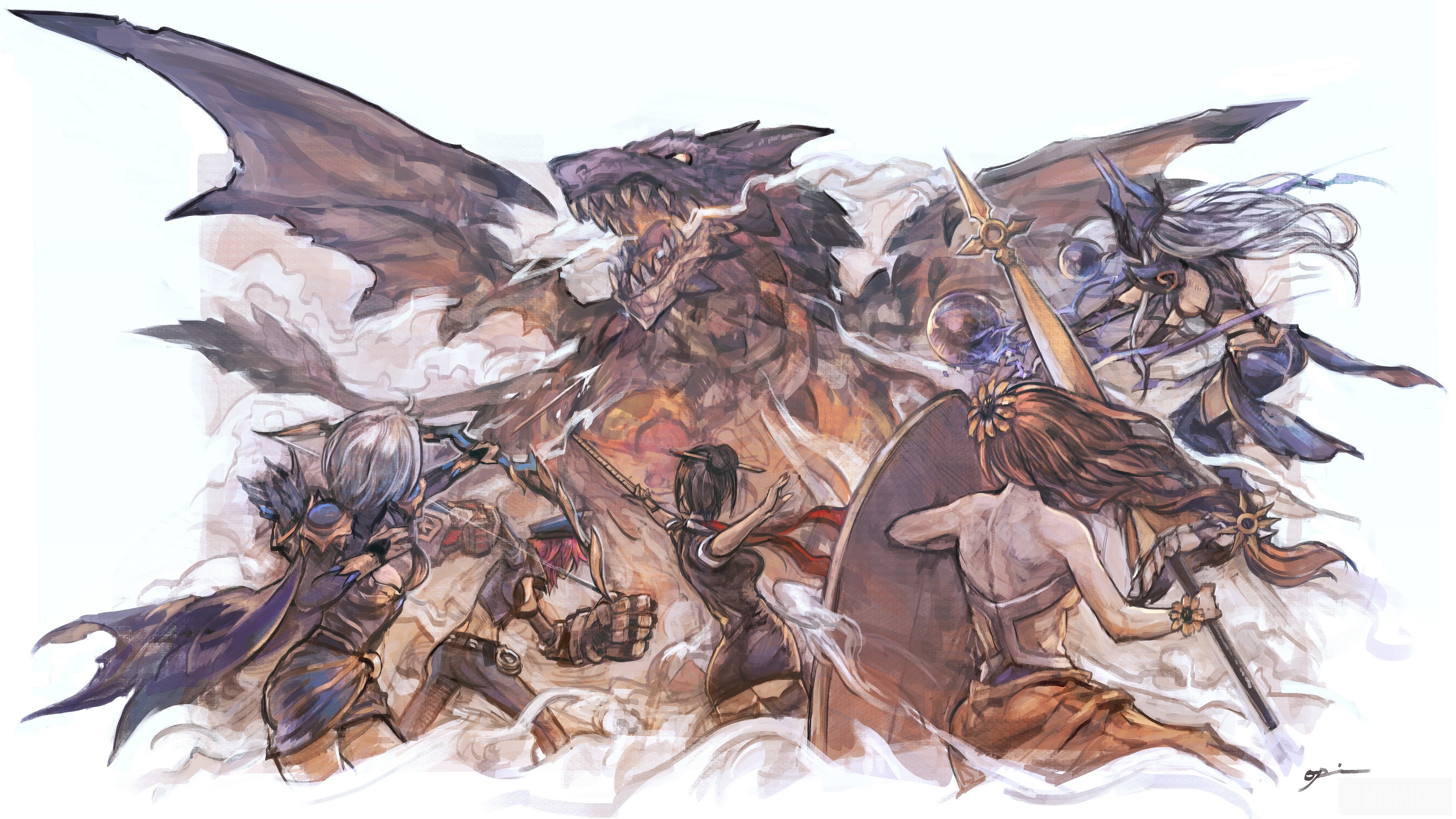 Ashe, Fiora, Leona, Syndra, Vi fighting a dragon HD Wallpaper