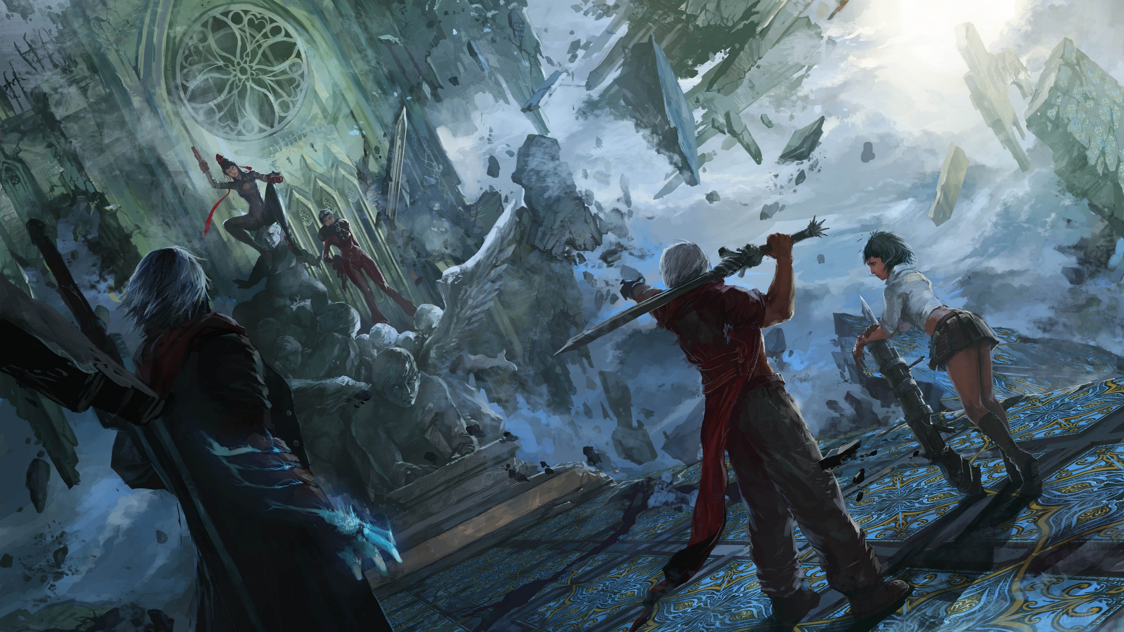 Characters from Devil May Cry and Bayonetta in a chaotic battle HD Wallpaper