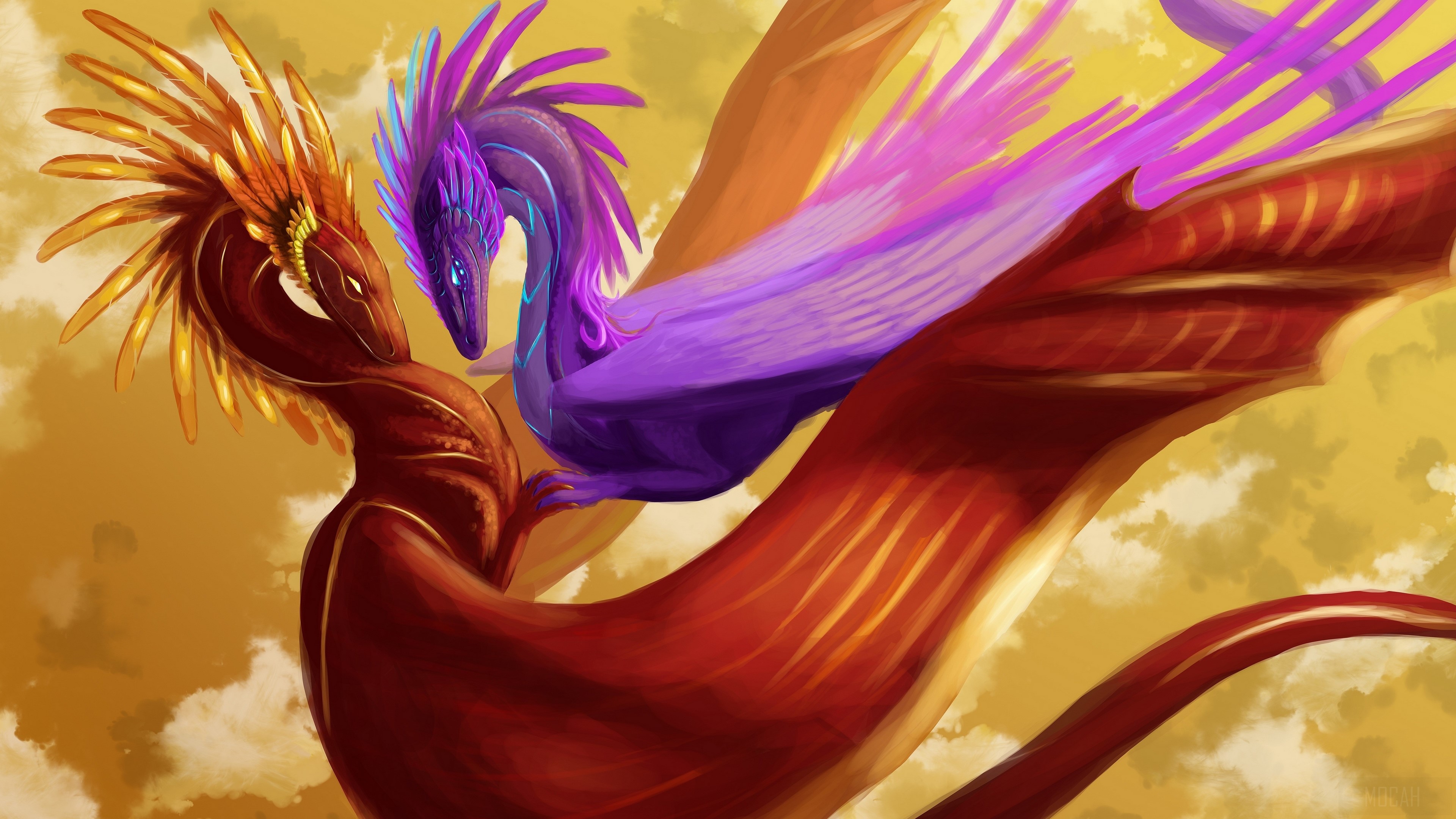 Two dragons, one red and one purple, flying HD Wallpaper