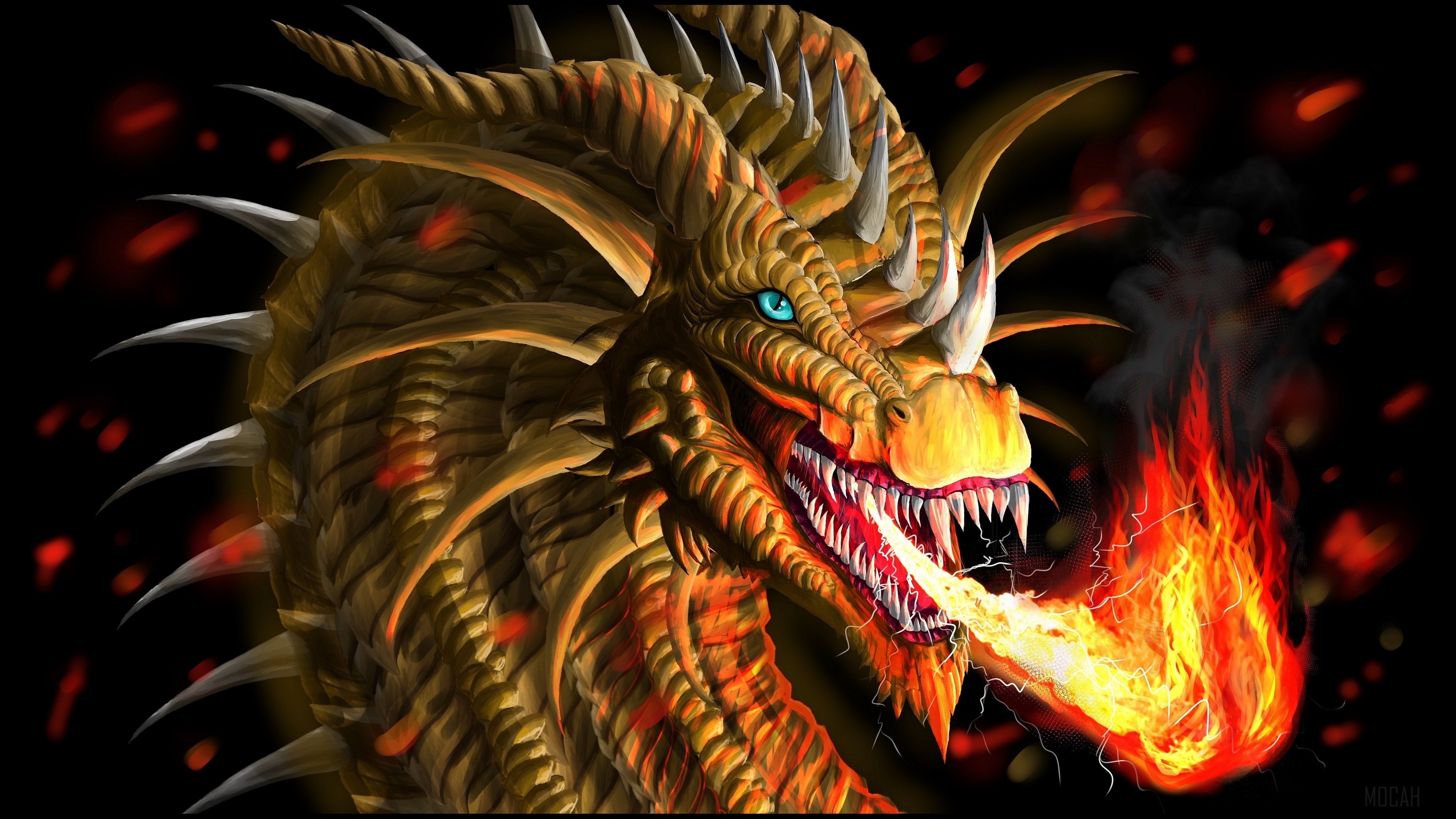 Golden Dragon Breathing Fire 4K HD Wallpaper