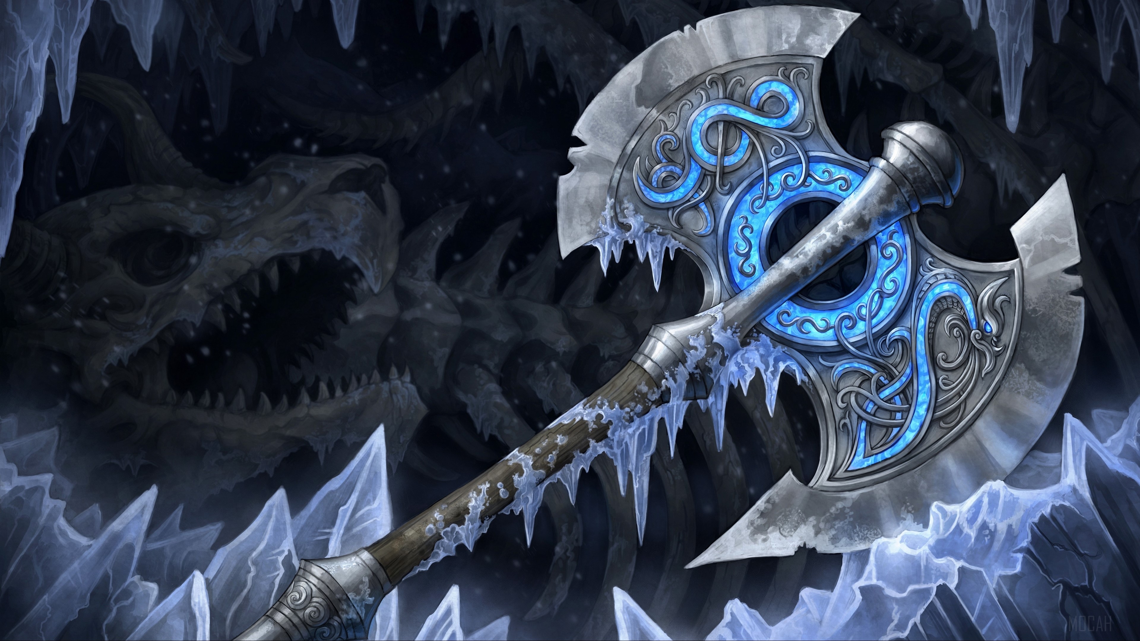 Ice Axe in Dragon Skeleton Cave 4K HD Wallpaper