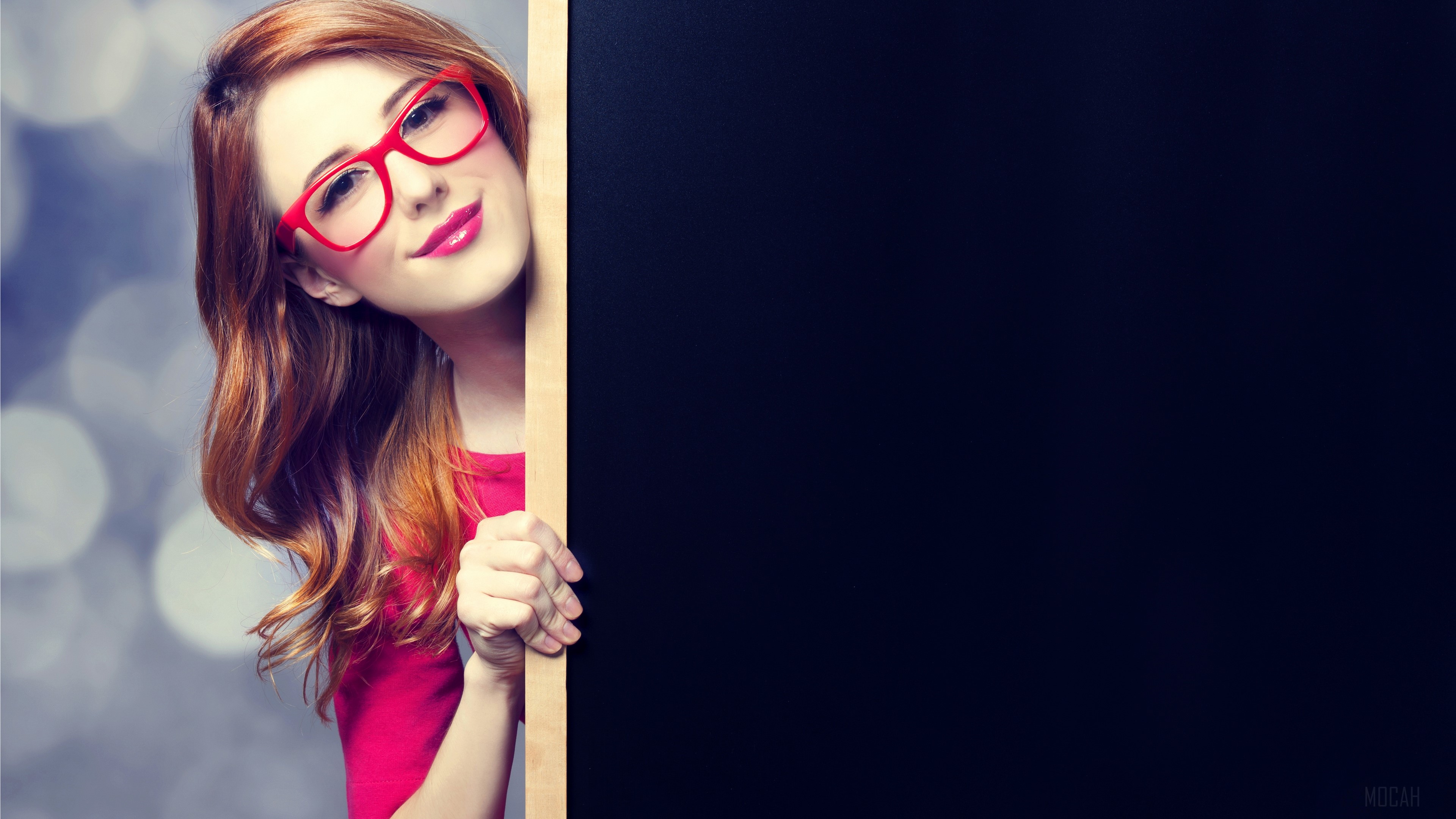 Smiling Redhead Woman with Red Glasses and Blackboard 4k HD Wallpaper