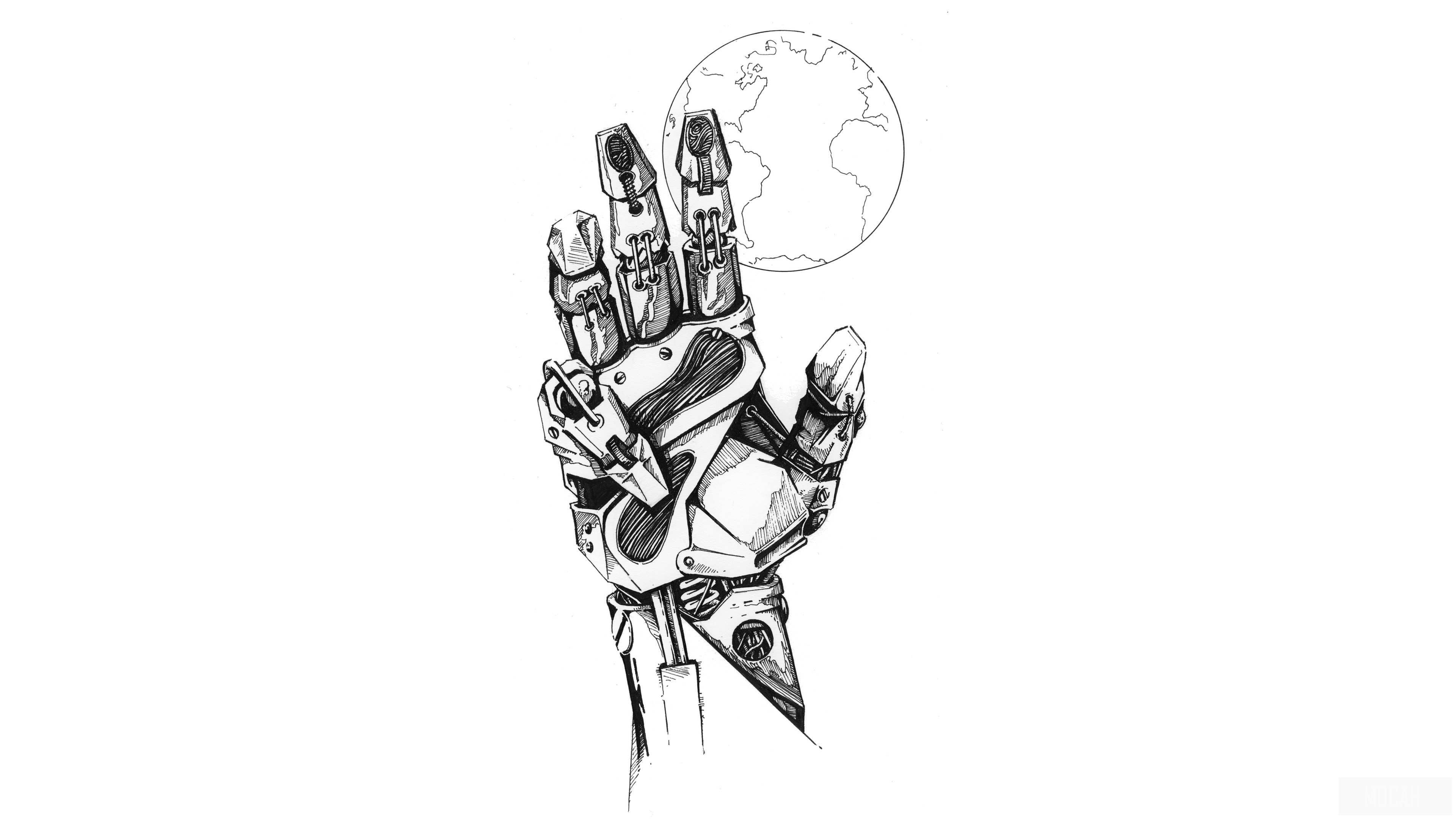 Robot hand reaching for the Earth HD Wallpaper
