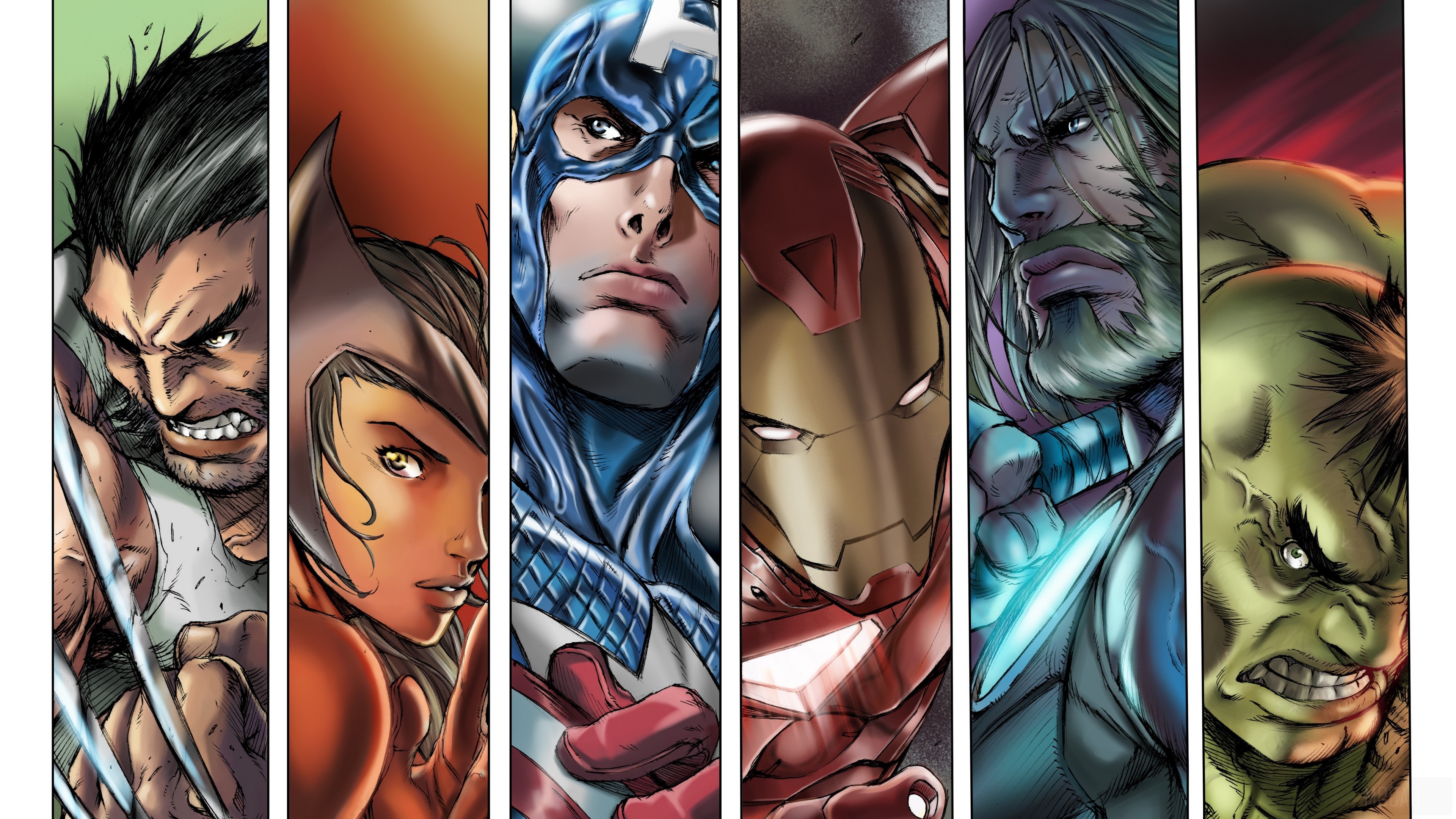 Marvel Avengers: Wolverine, Scarlet Witch, Captain America, Iron Man, Thor, Hulk 4K HD Wallpaper
