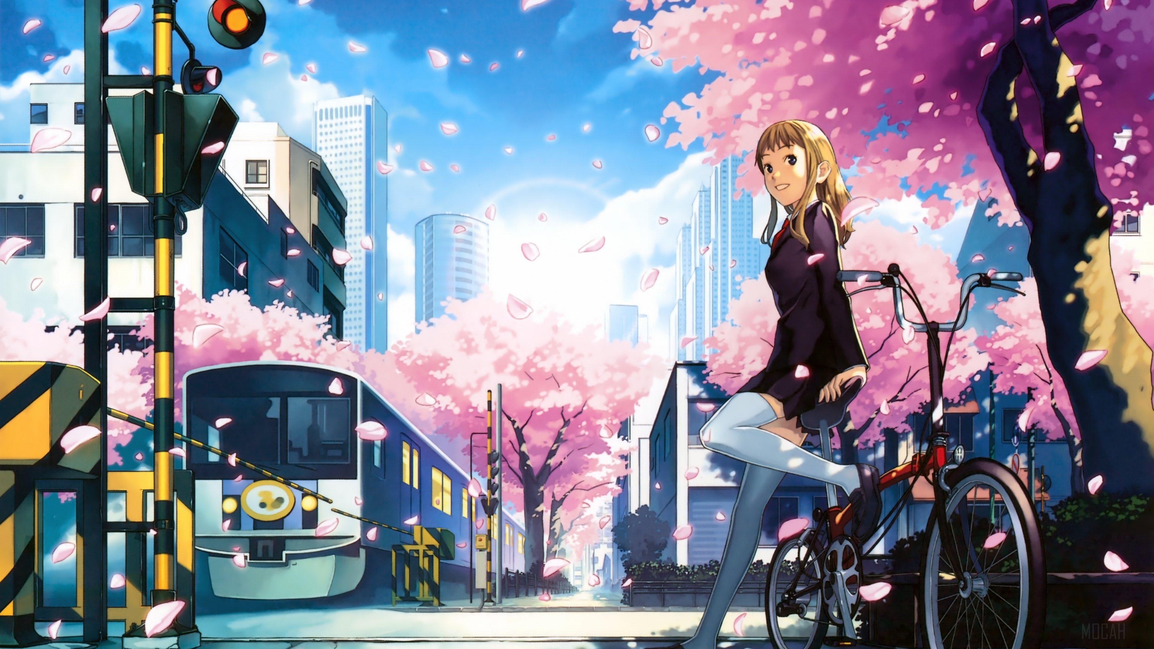 Girl with bicycle near train tracks during cherry blossom season HD Wallpaper