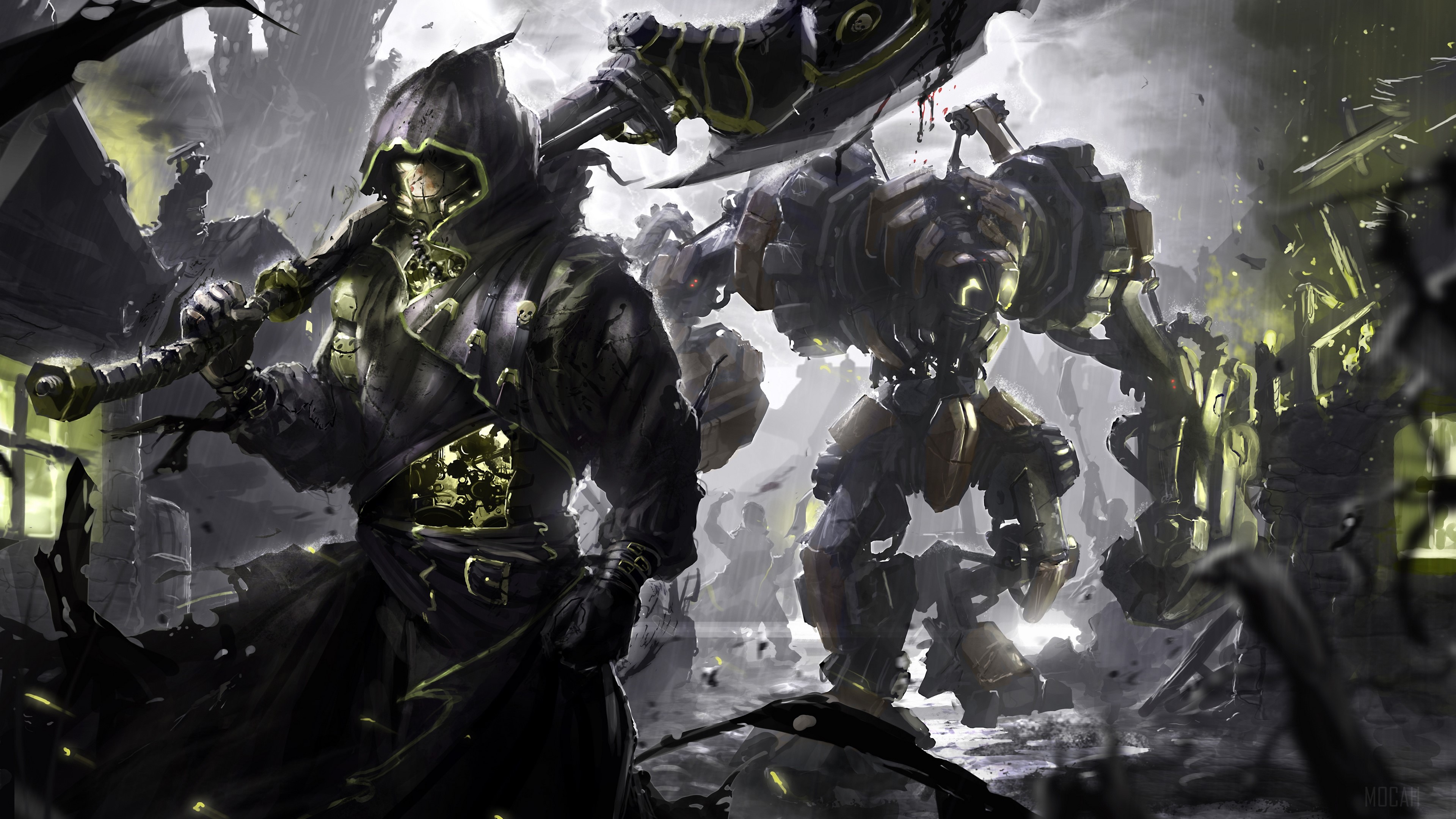 Grim Reaper and Mech Warrior in a Ruined City HD Wallpaper