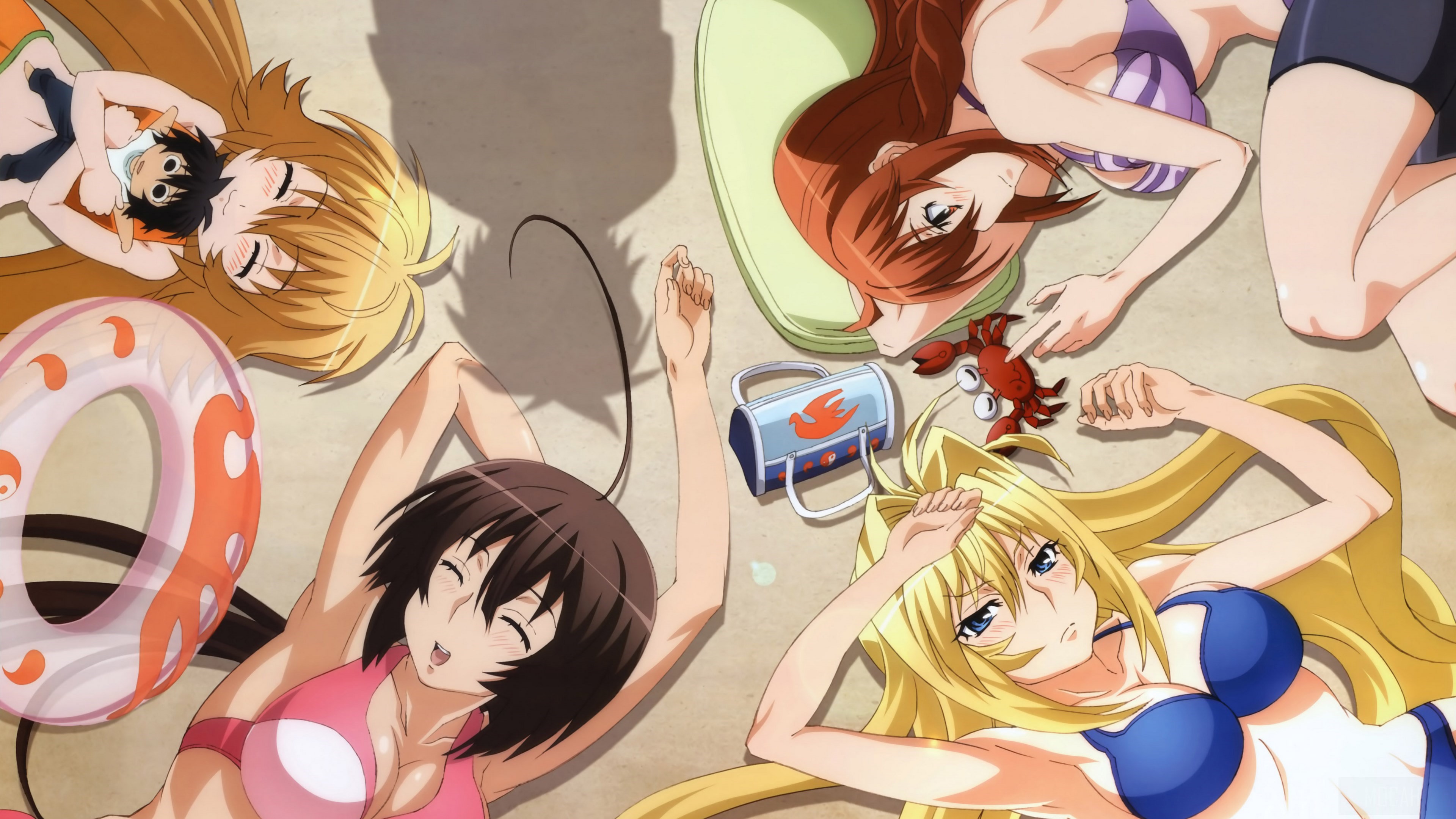 Four anime girls in bikinis on a beach HD Wallpaper