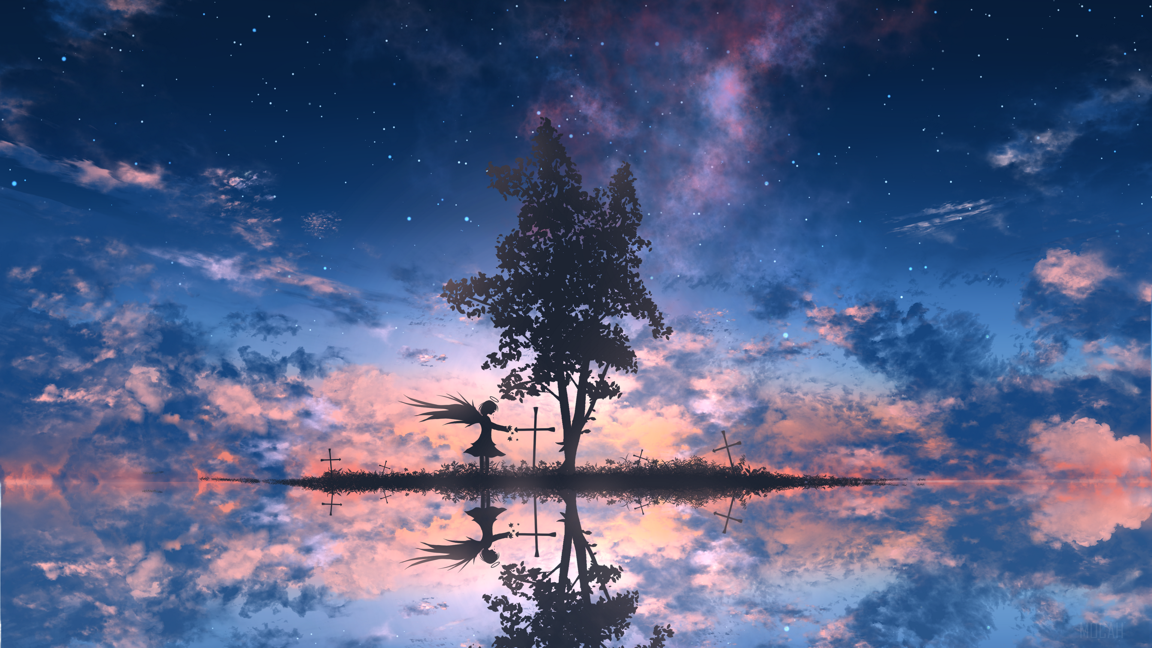 Girl with Wings by a Tree and Crosses in Starry Sky 4K HD Wallpaper