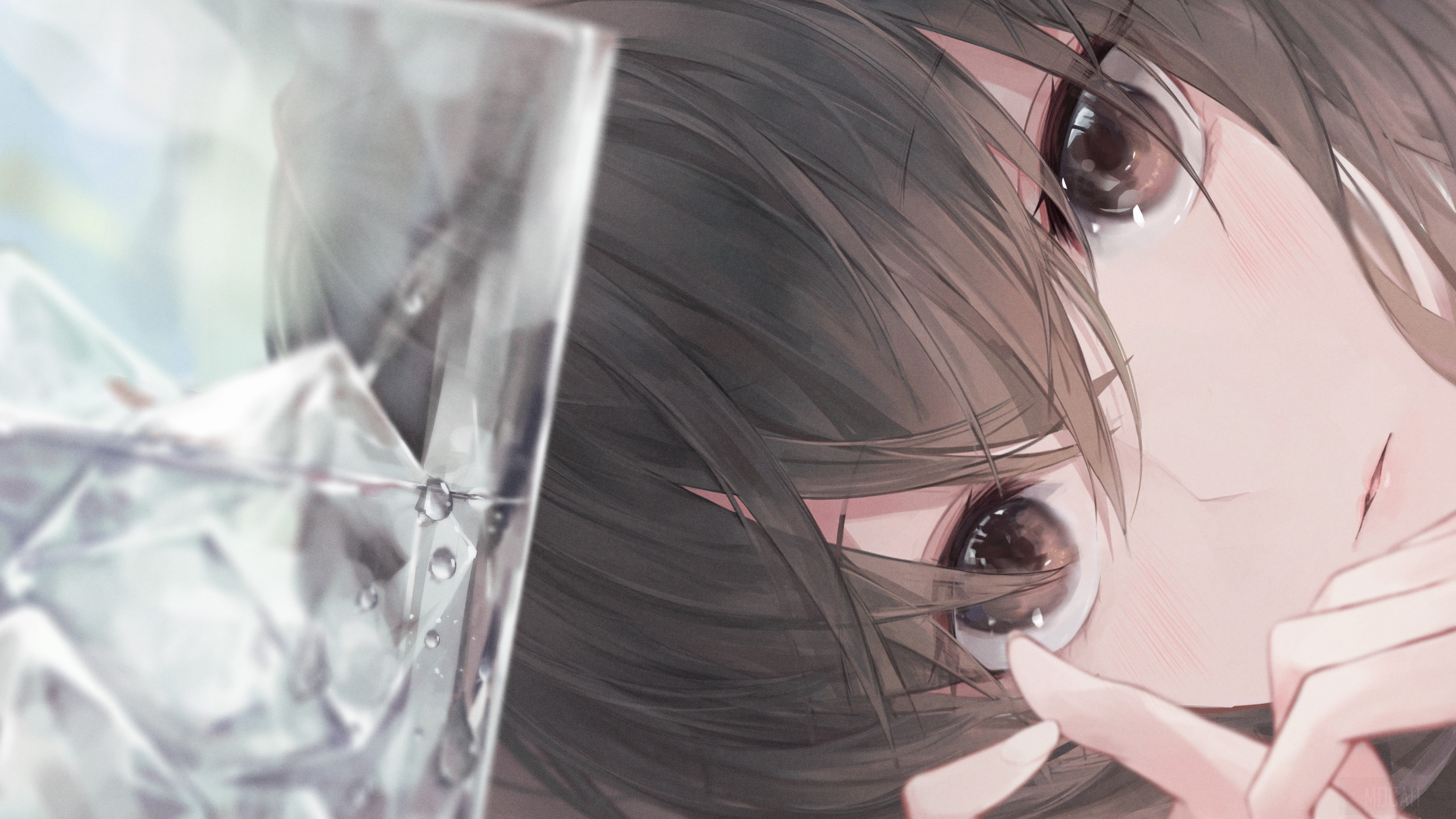 Girl with Brown Eyes and Hair by Glass of Water 4K HD Wallpaper