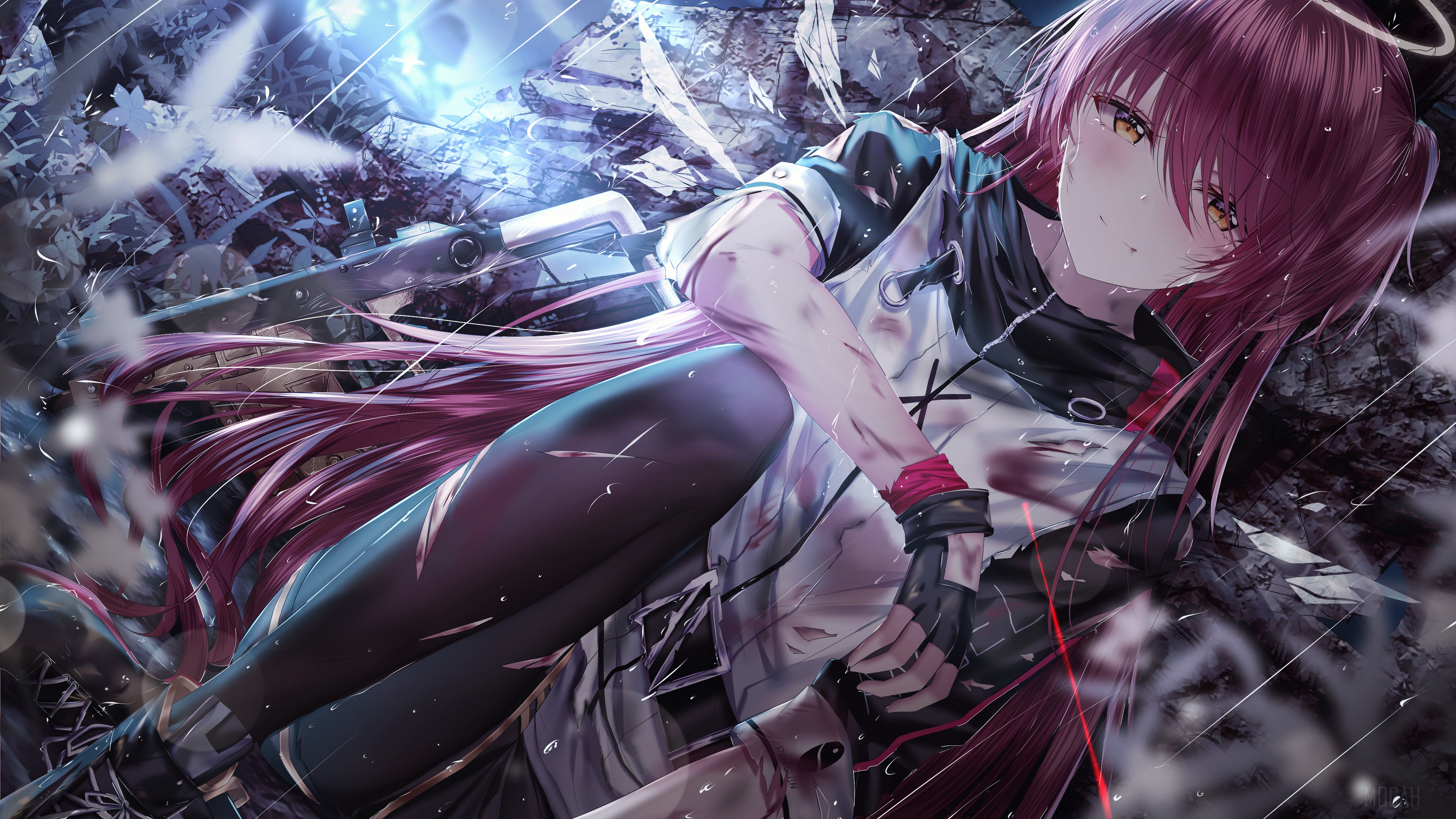 Girl with pink hair and halo holding a rifle HD Wallpaper