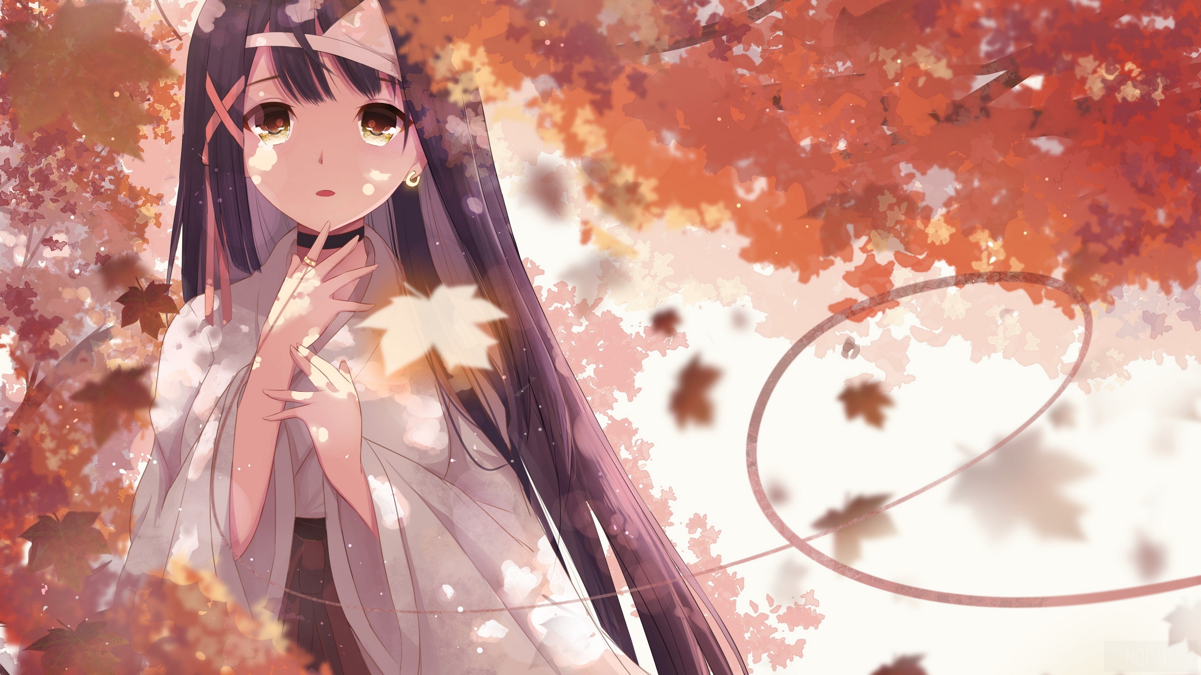 Anime girl in autumn leaves HD Wallpaper