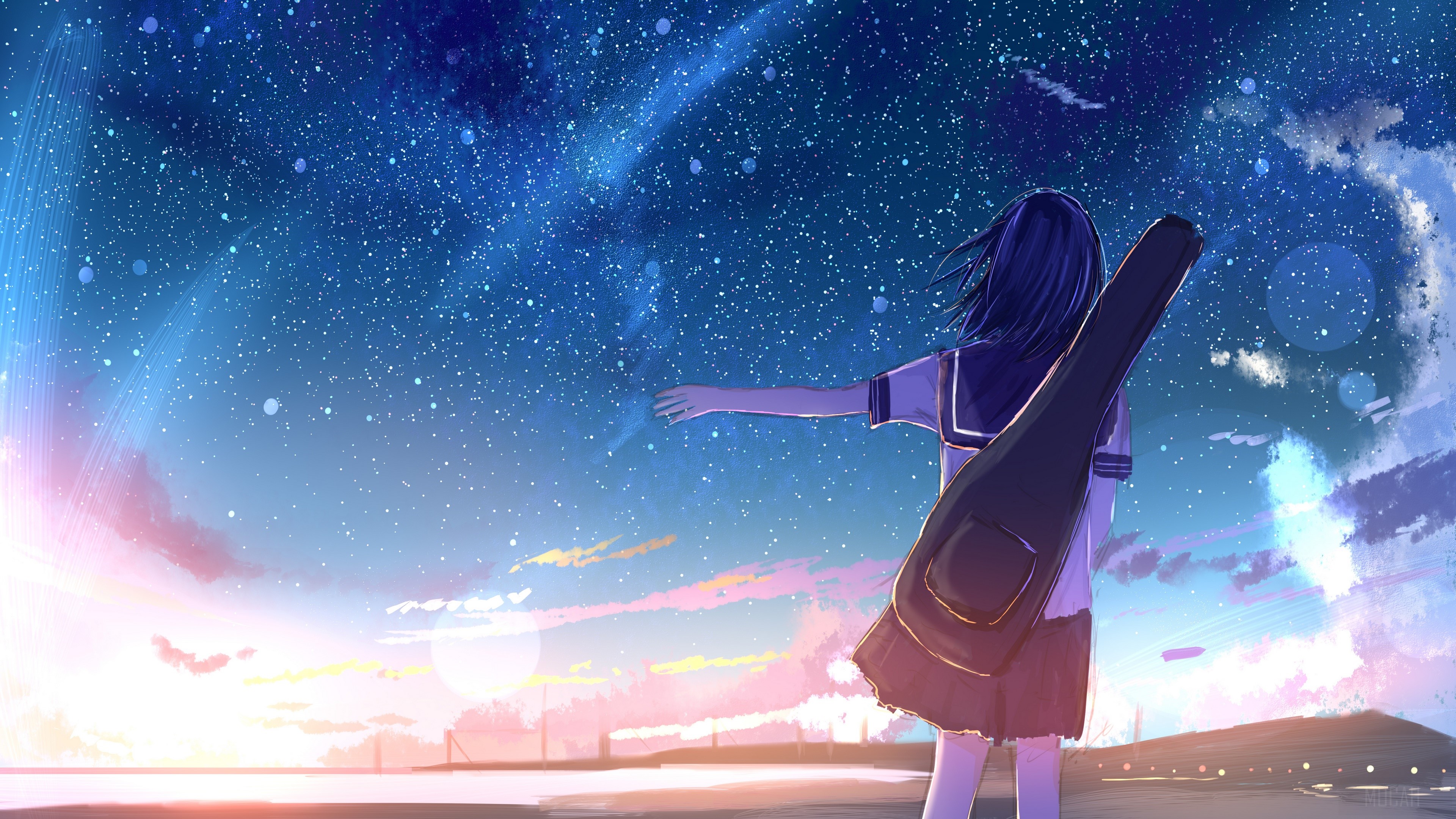 Girl with Guitar Case Under Starry Sunset Sky 4K HD Wallpaper