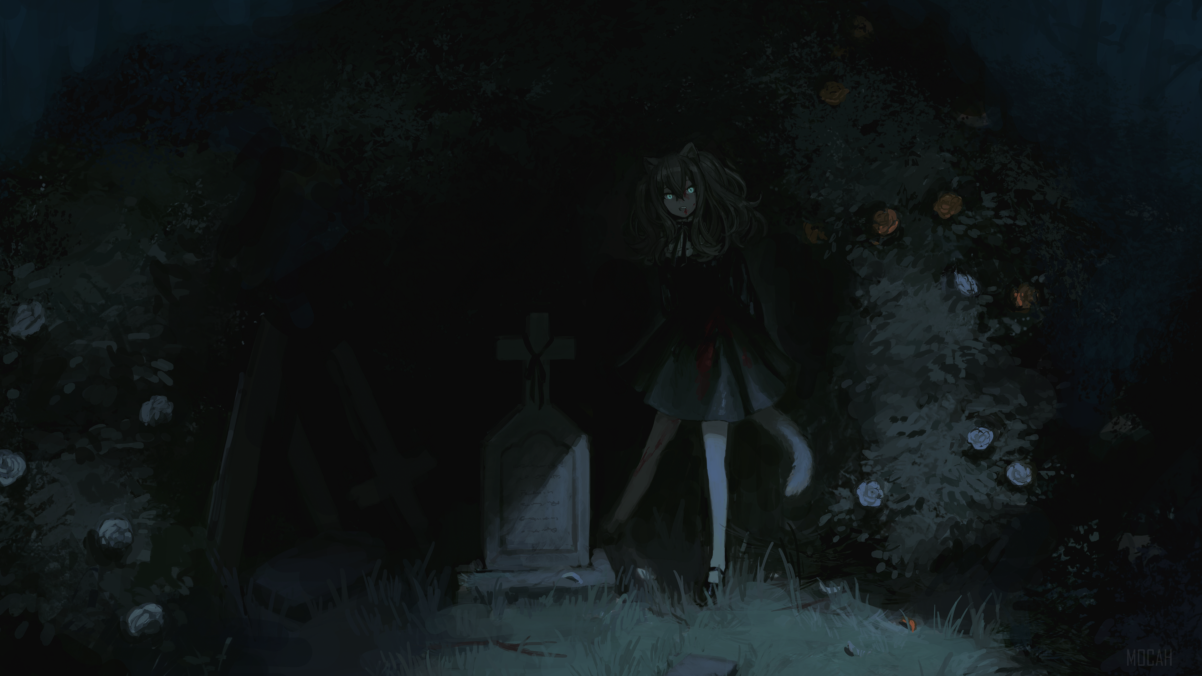 Anime girl with cat ears and tail in a graveyard HD Wallpaper