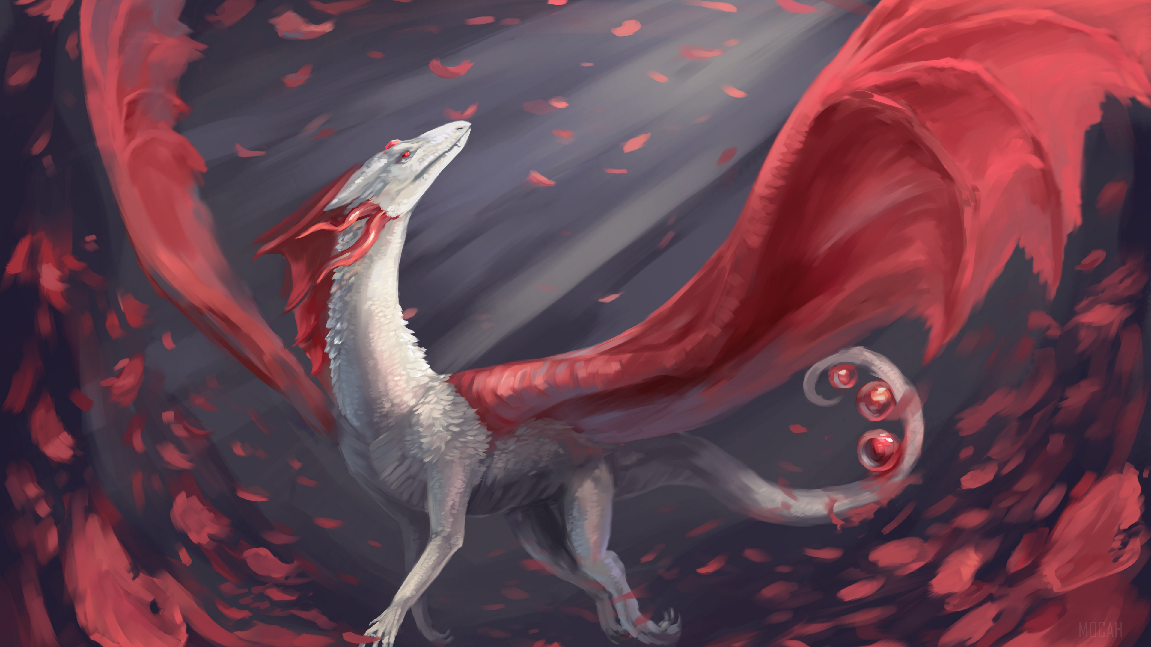 Dragon with red wings and rose petals HD Wallpaper
