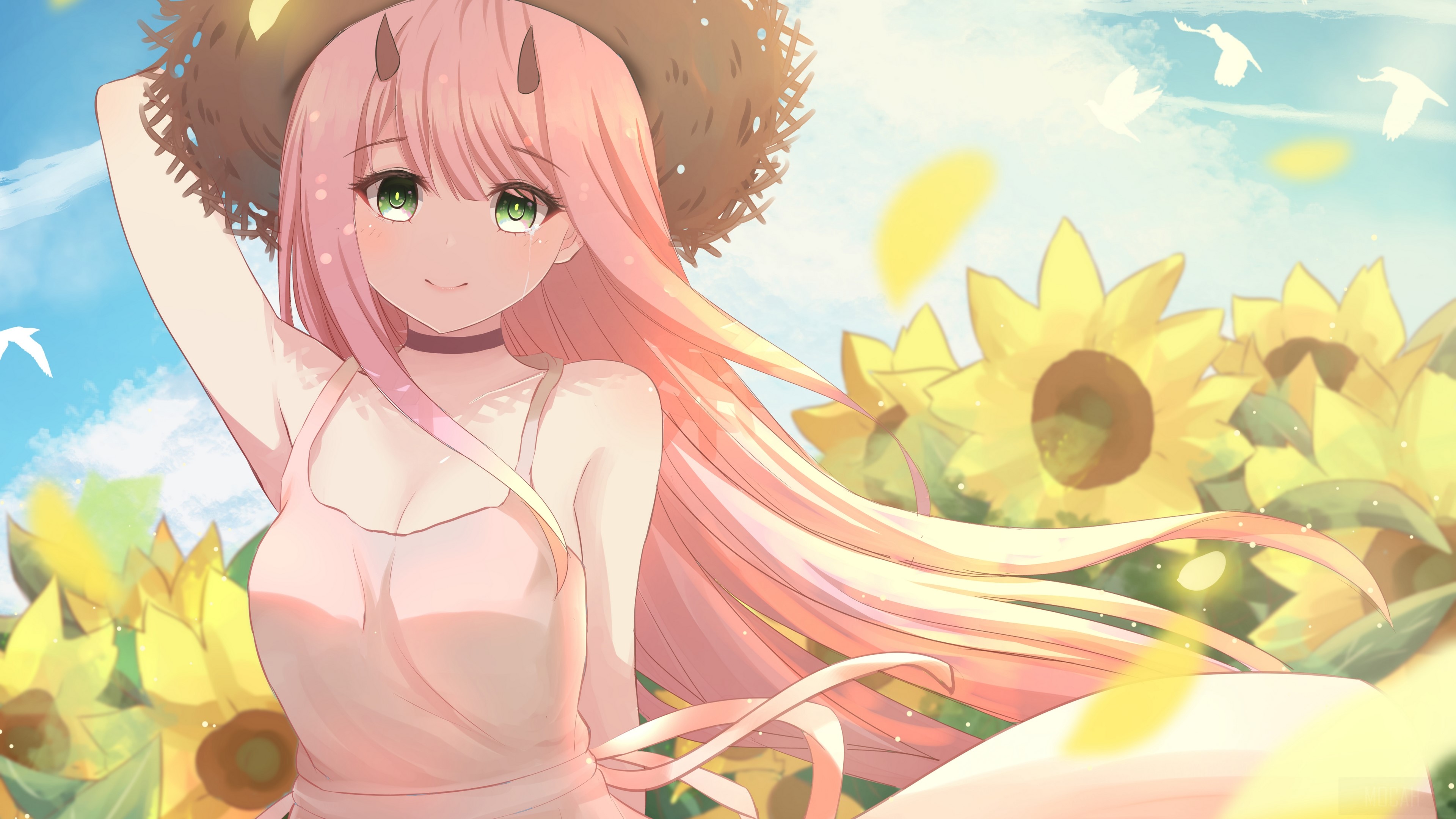 Zero Two from Darling in the Franxx in a sunflower field HD Wallpaper