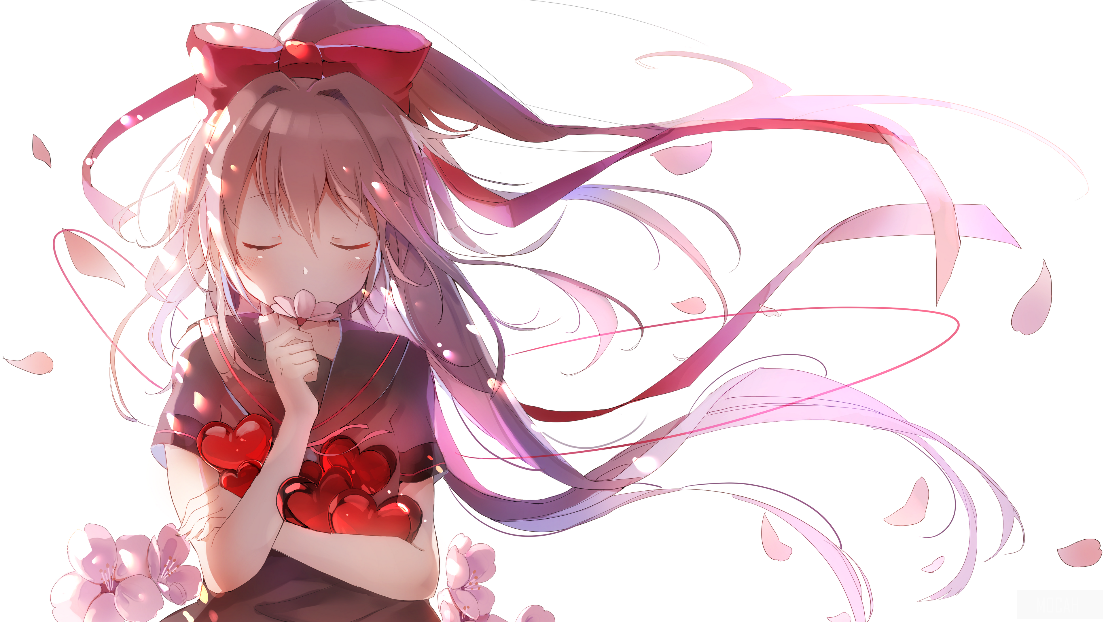 Anime girl with brown hair and red bow holding hearts HD Wallpaper