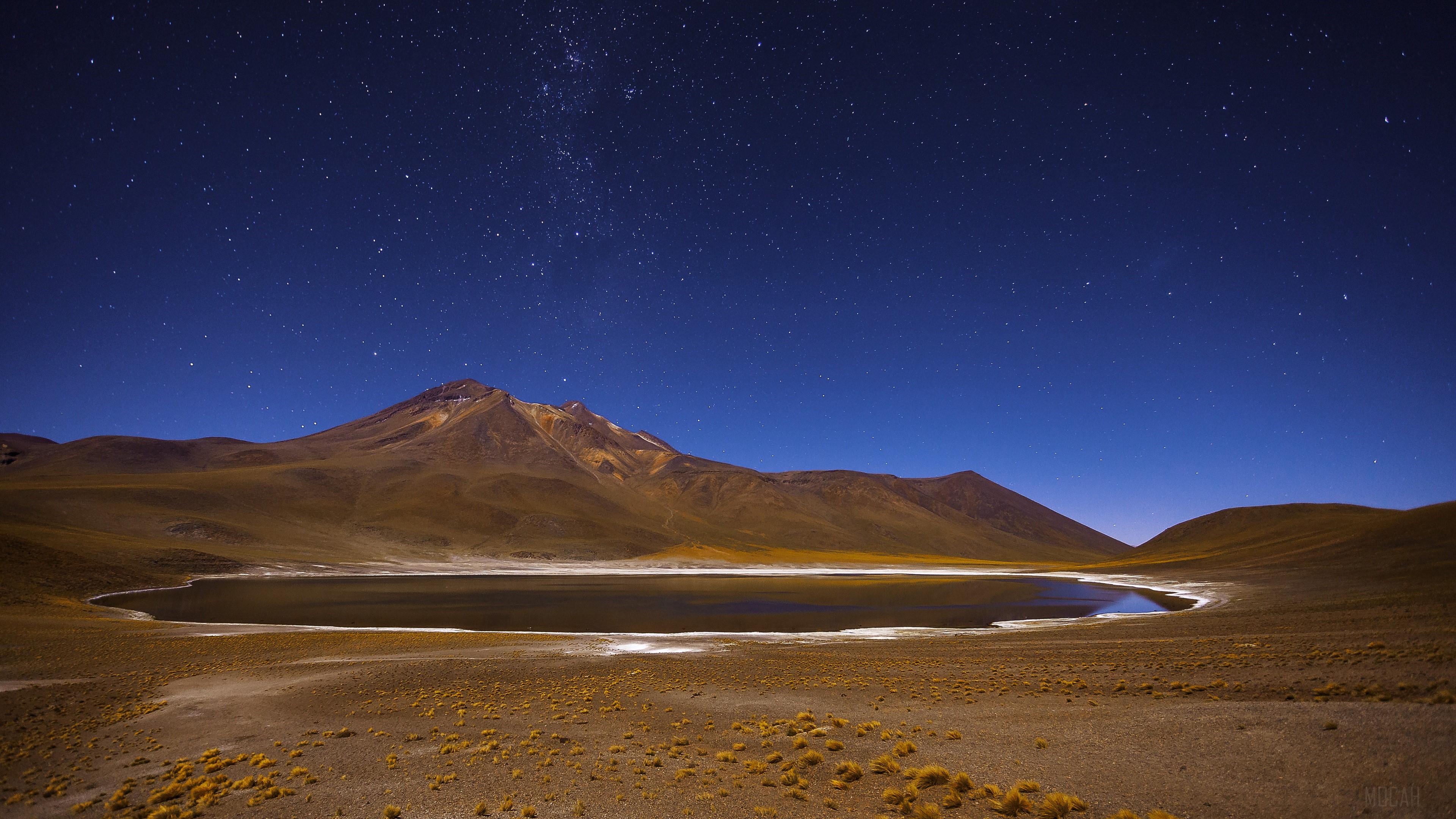 Night sky over a desert lake and mountains in Chile 4K HD Wallpaper