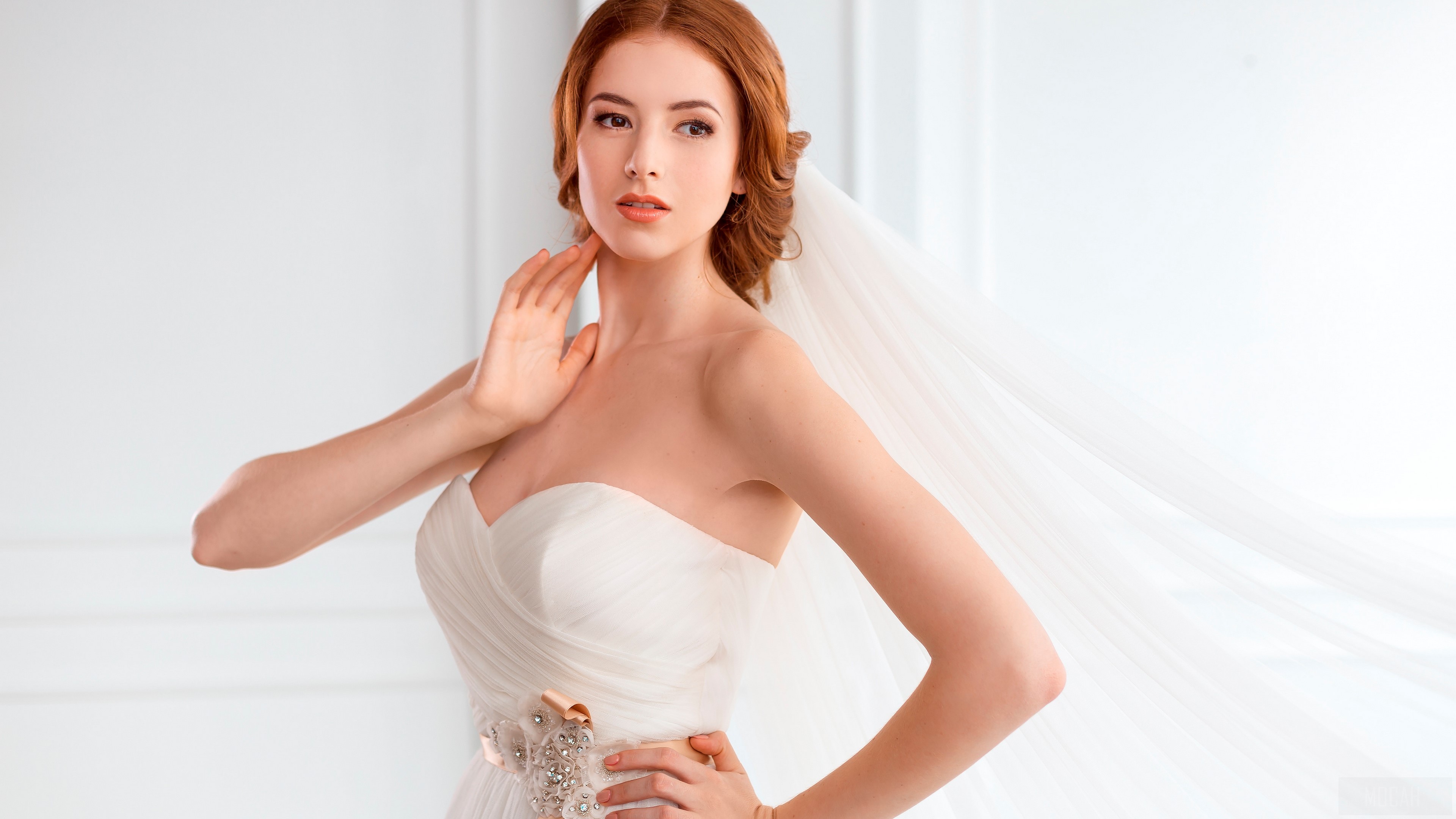 Bride in a white wedding dress with veil 4K HD Wallpaper