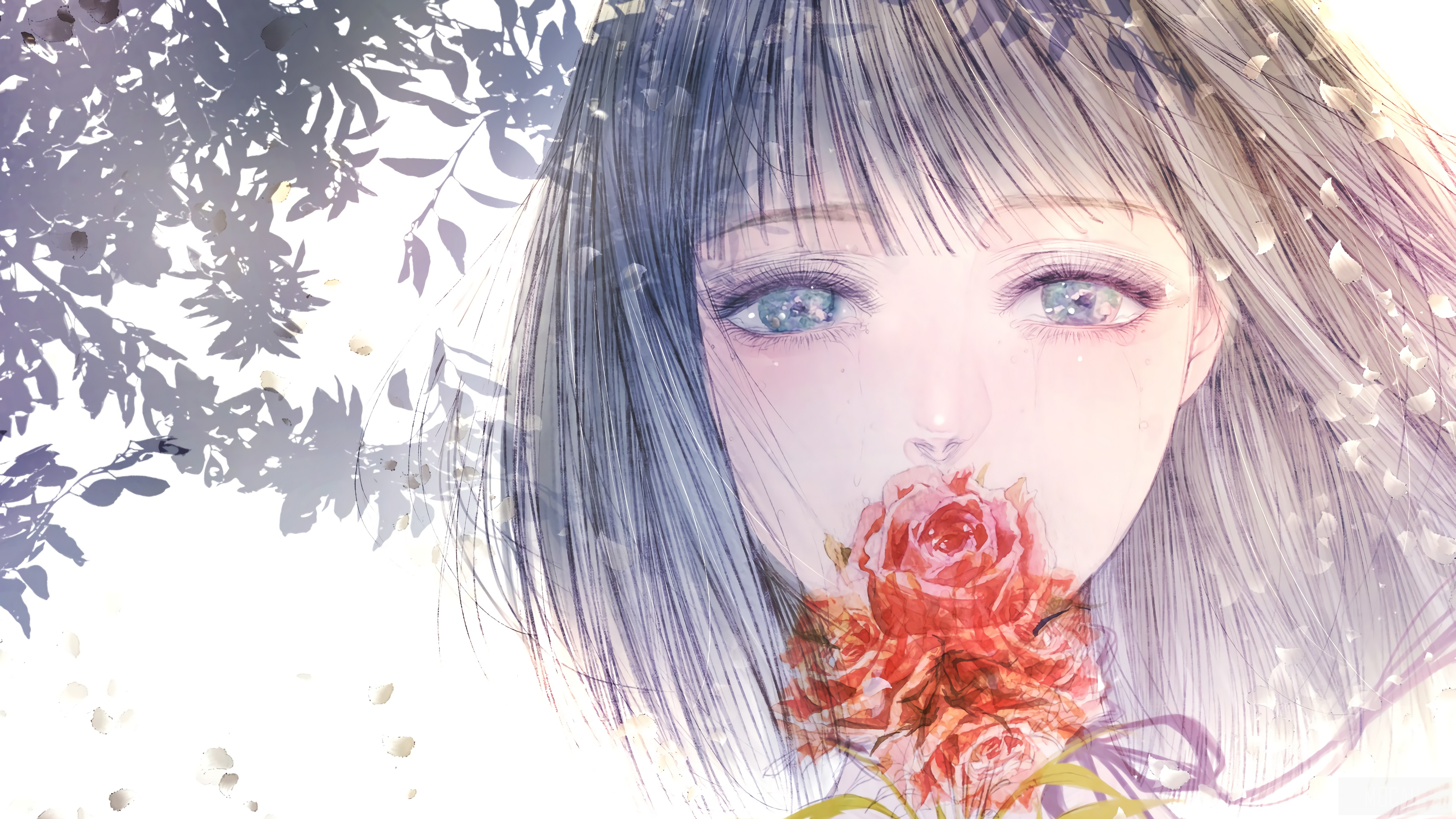 Girl with Blue Eyes and Red Roses 4K HD Wallpaper
