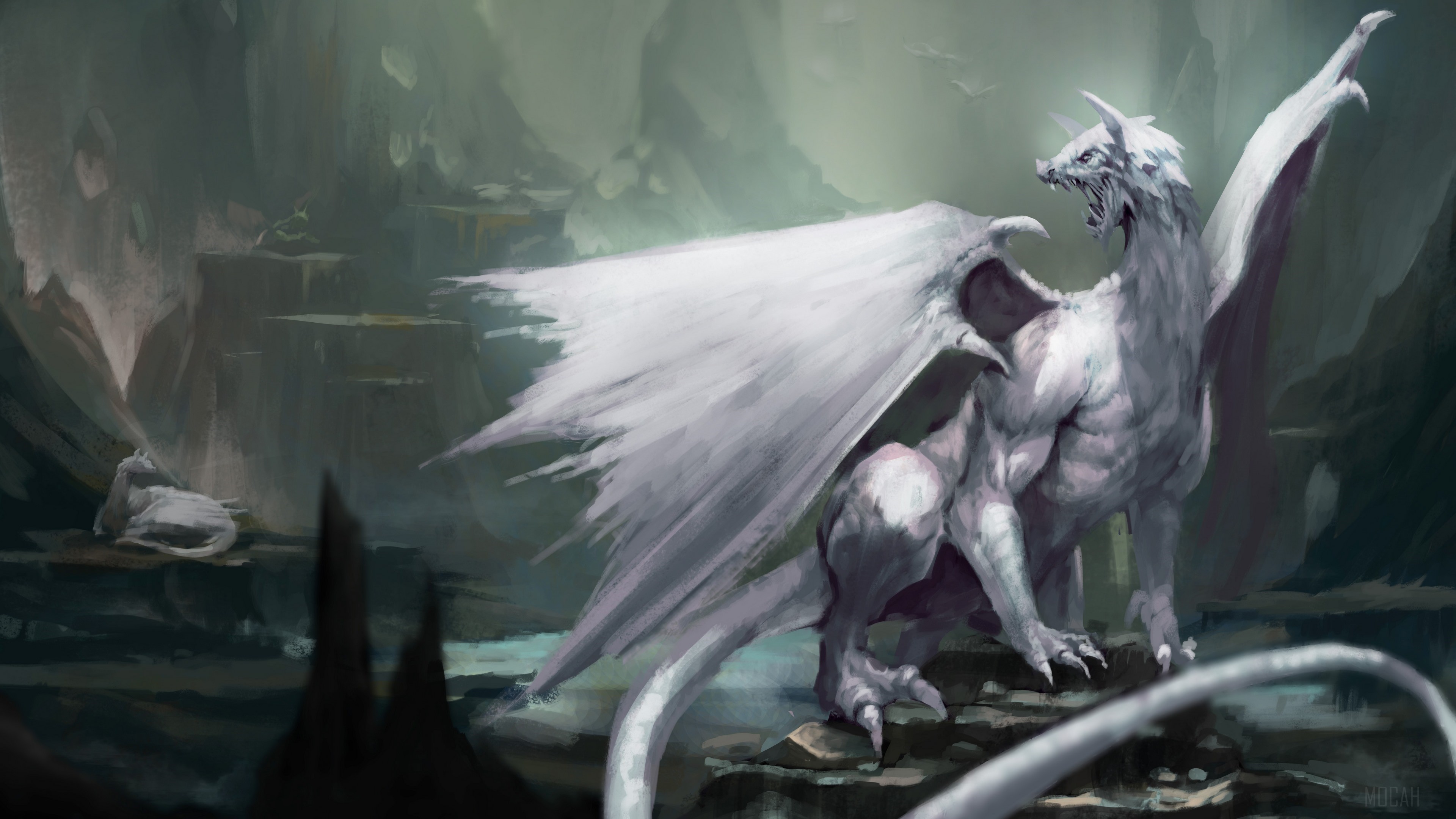 White Dragon in a Cave 4K HD Wallpaper