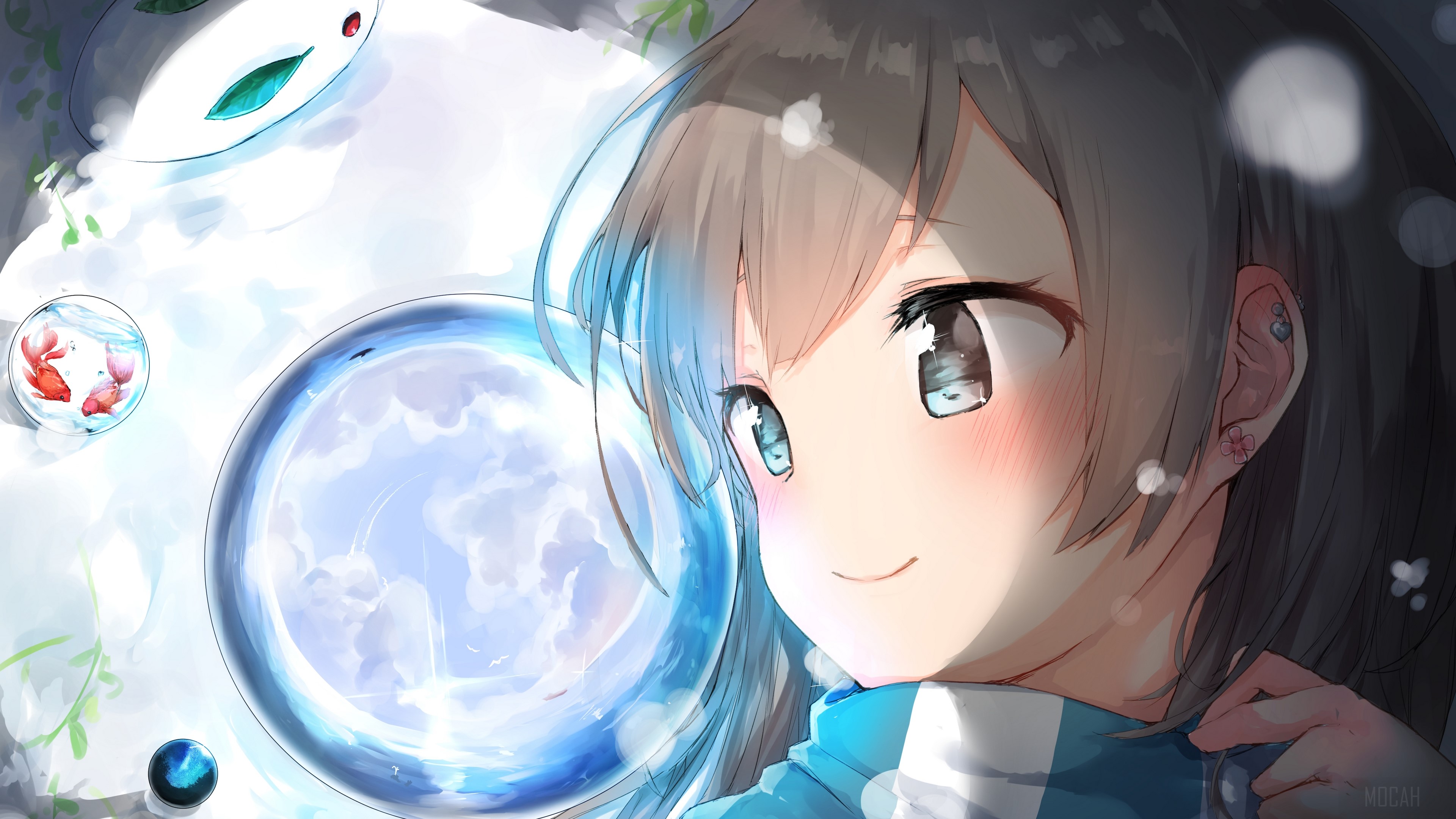 Girl with goldfish and bubbles 4K HD Wallpaper