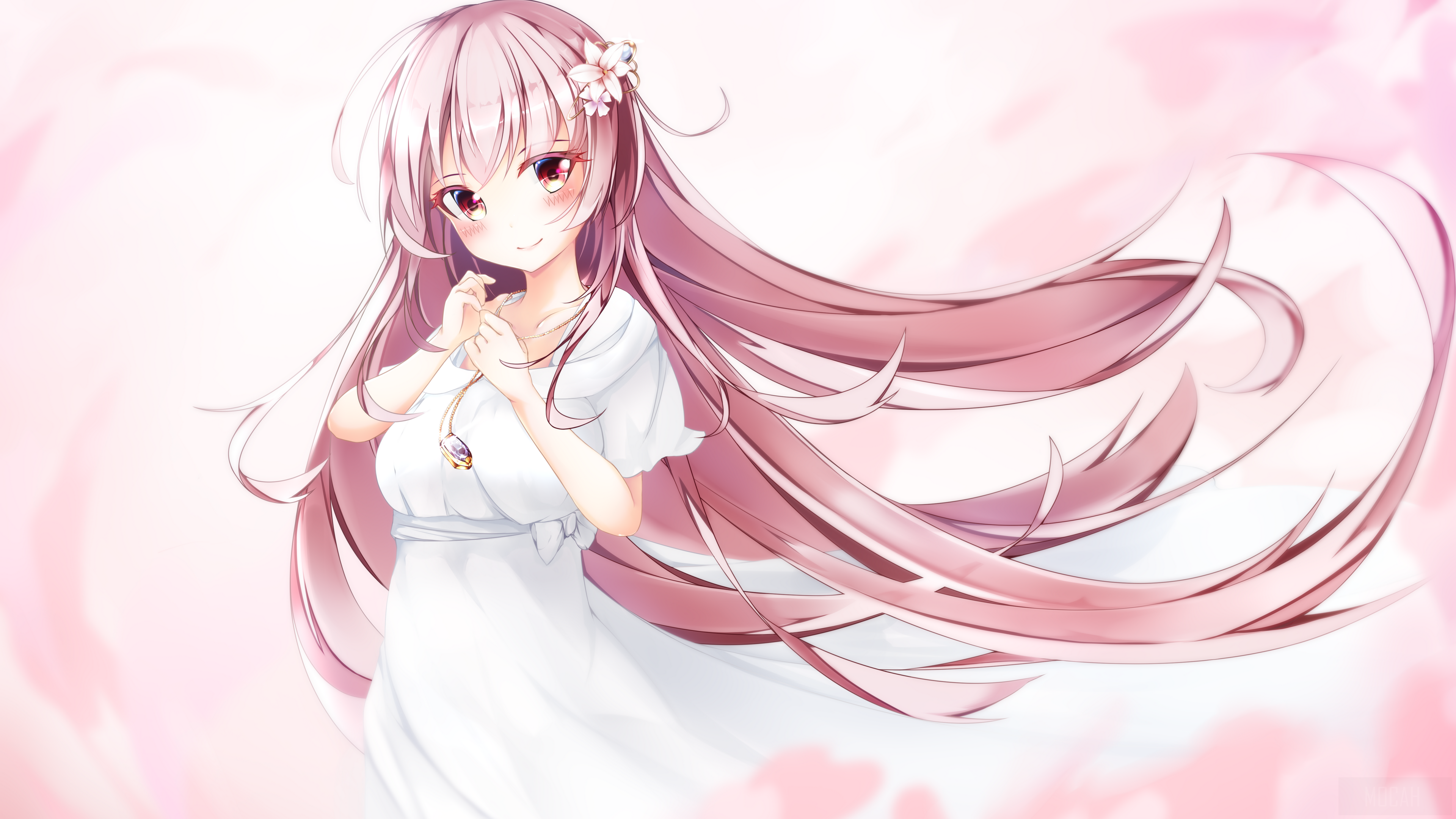 Girl with Pink Hair in White Dress HD Wallpaper