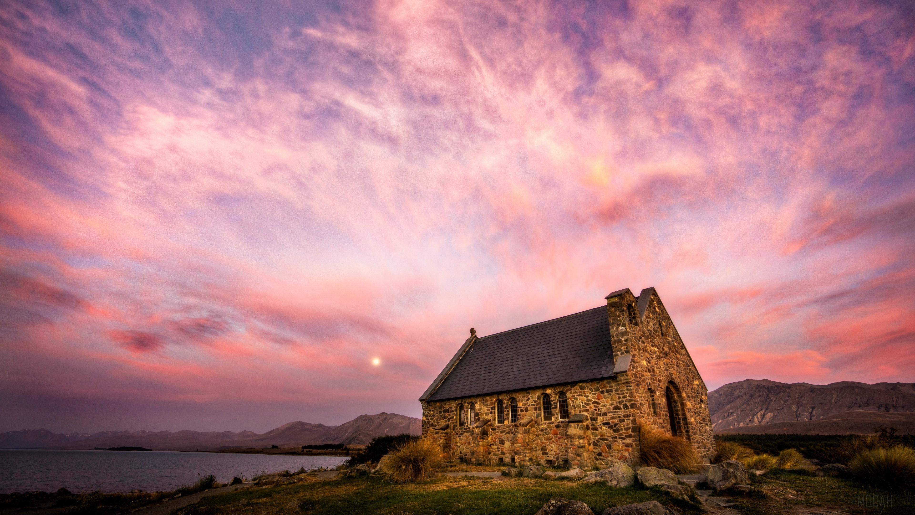 Church of the Good Shepherd at Lake Tekapo, New Zealand at Sunset 4K HD Wallpaper