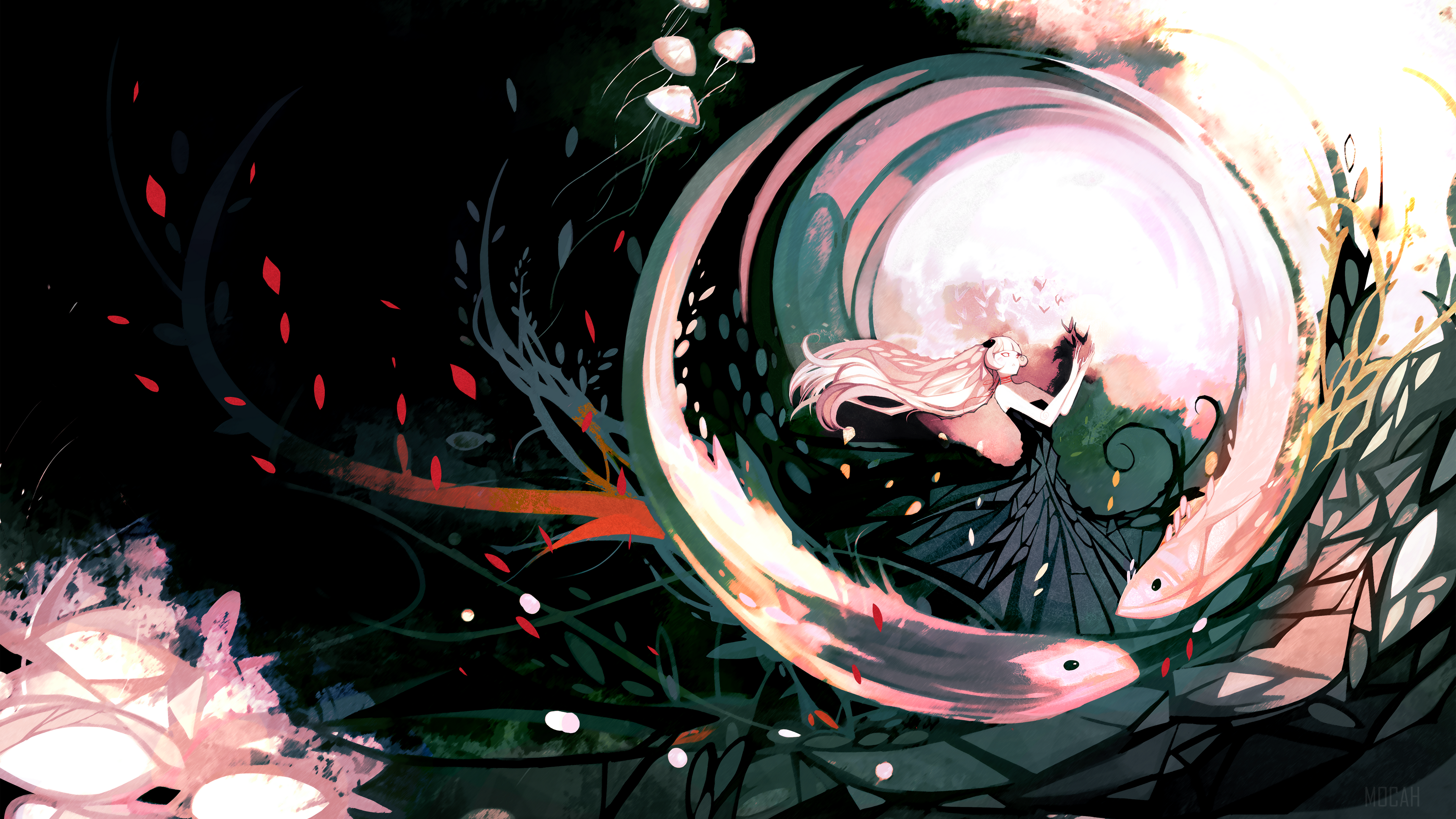 Girl in a bubble with fish and moon HD Wallpaper