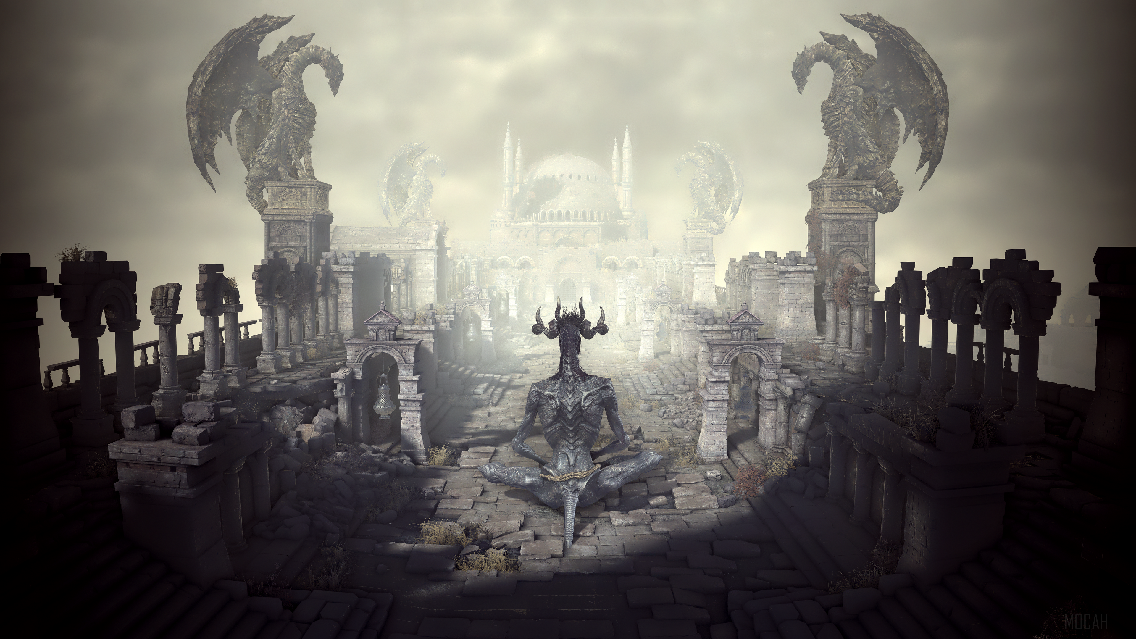 Dark Souls III Demon Statue with Dragon Pillars 4K HD Wallpaper