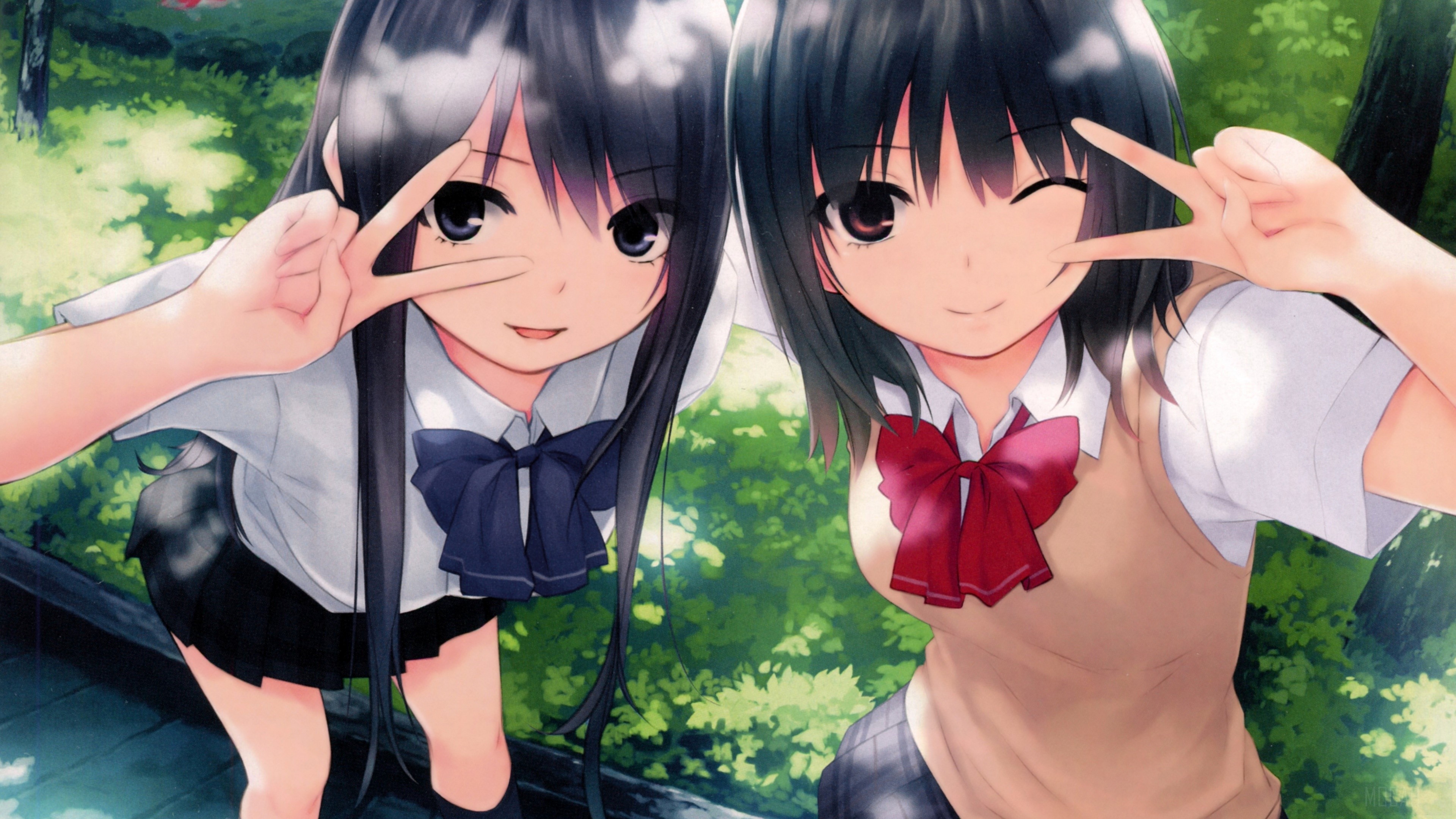 Two anime girls making peace signs HD Wallpaper