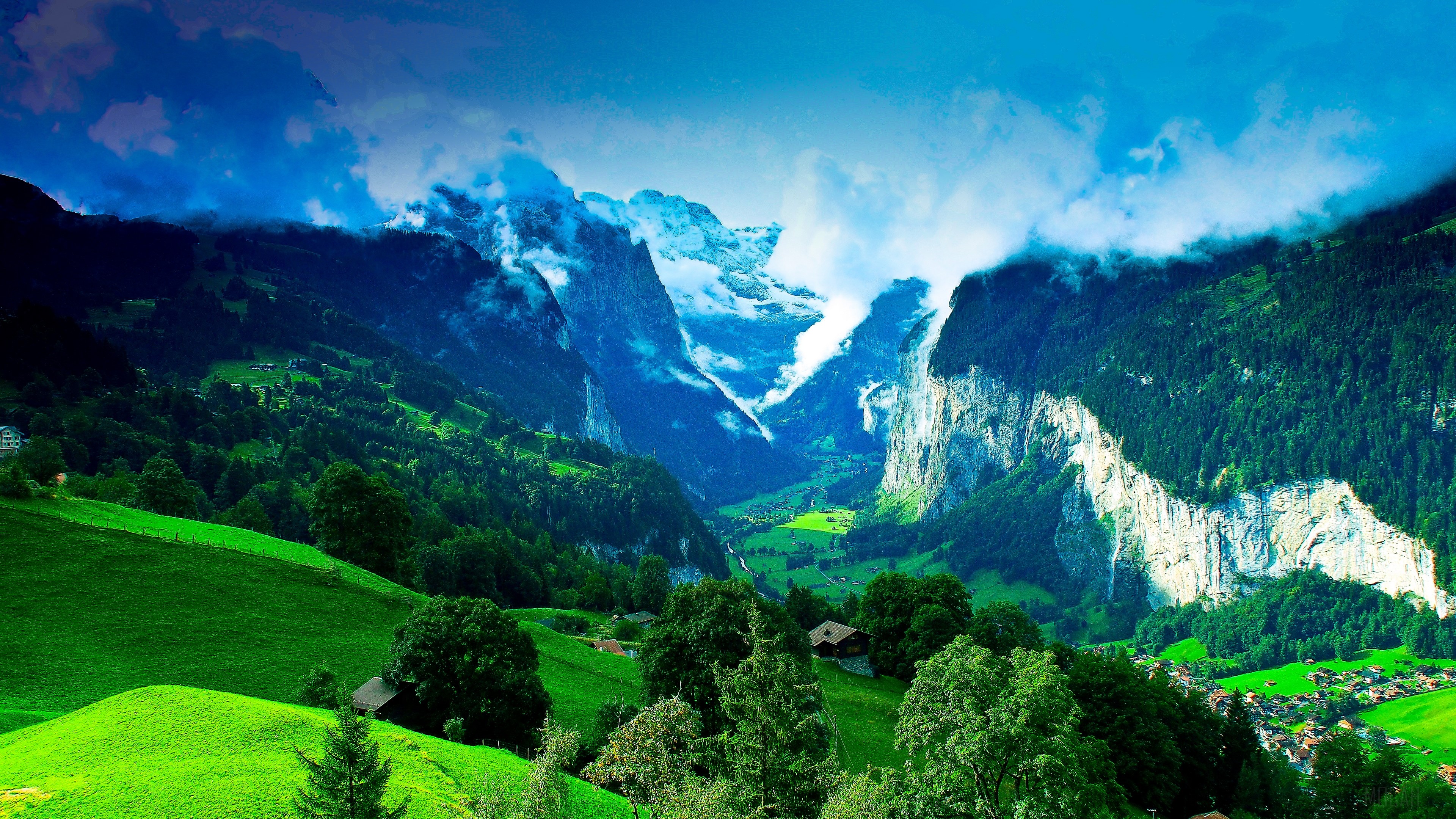 Green Valley with Mountains and Clouds 4K HD Wallpaper