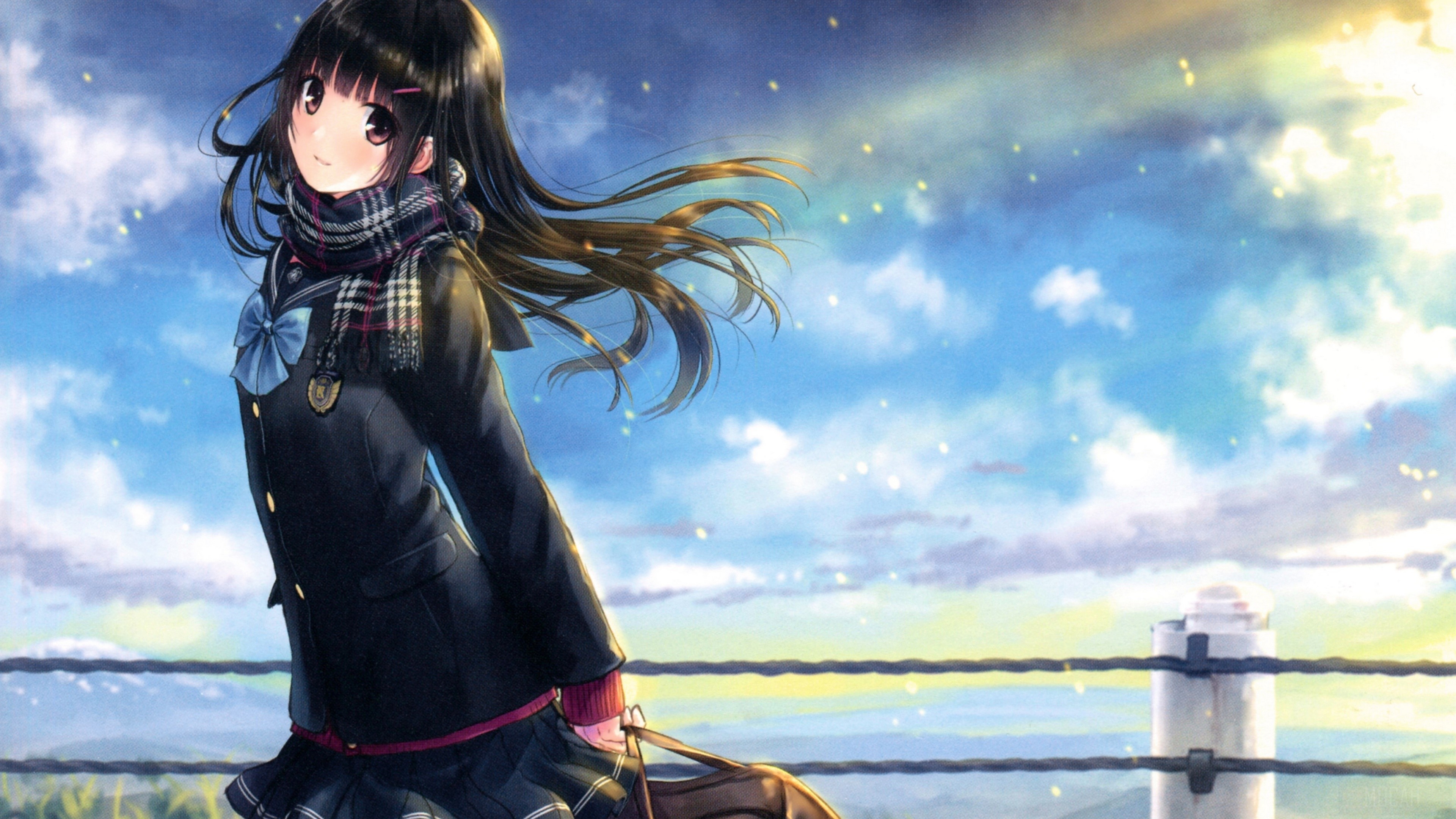 Anime Girl with Scarf and School Uniform in 4K HD Wallpaper