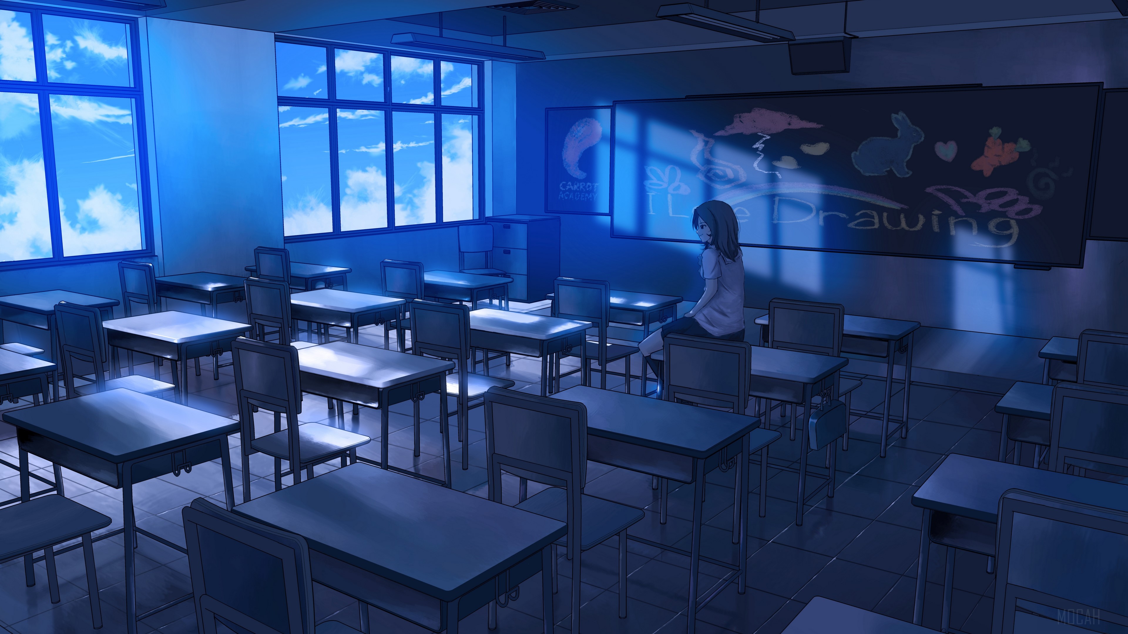 Girl in a classroom with drawings on the blackboard 4K HD Wallpaper