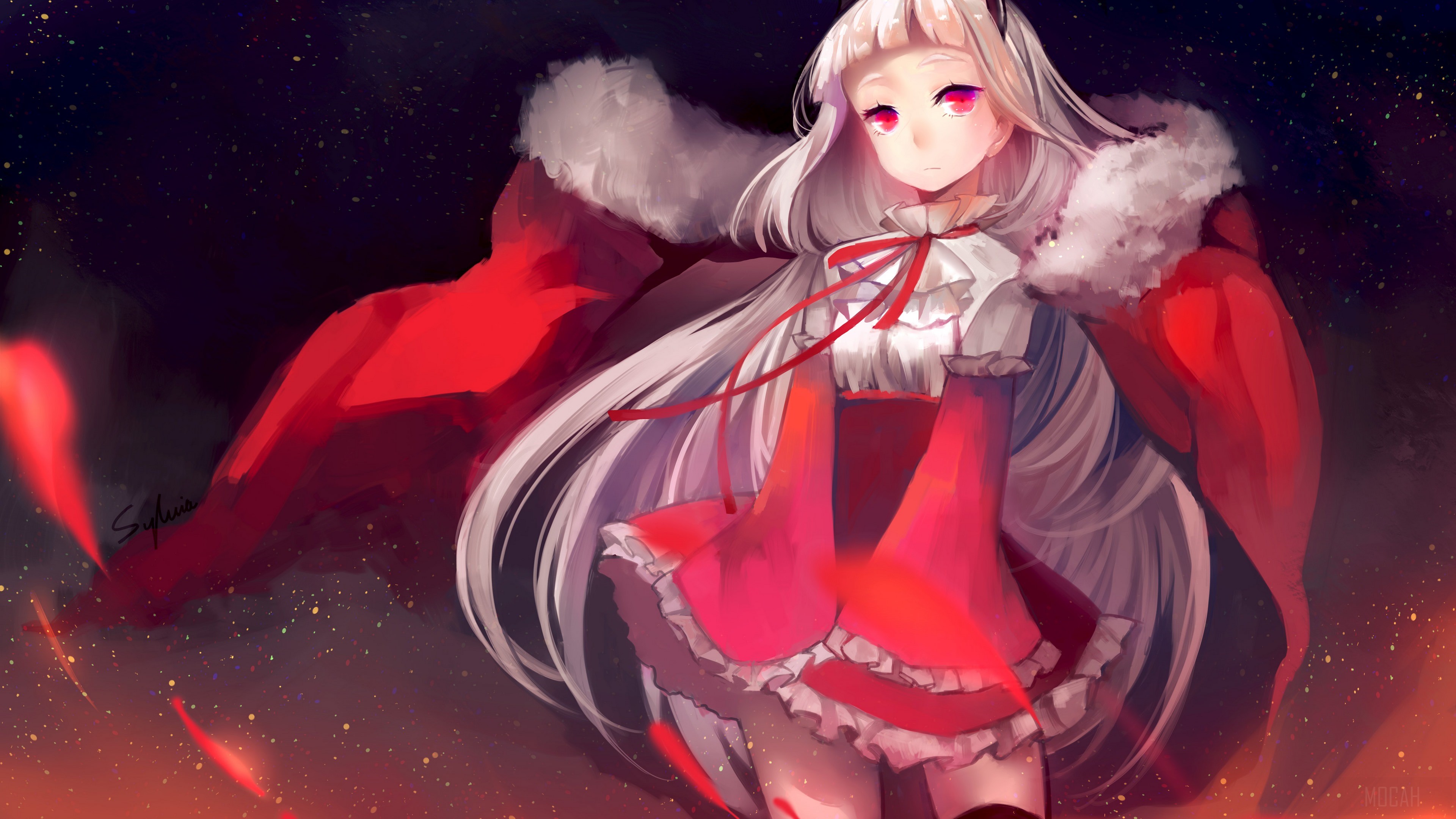 Girl with white hair and red eyes in a red dress HD Wallpaper
