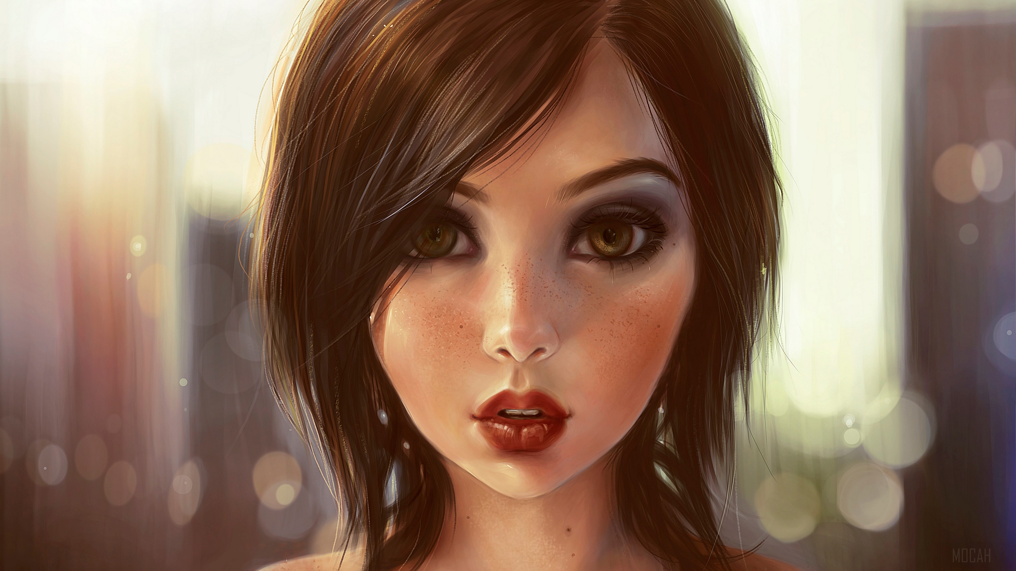 Artistic Brown Eyes Brunette Close-Up Girl Painting HD Wallpaper