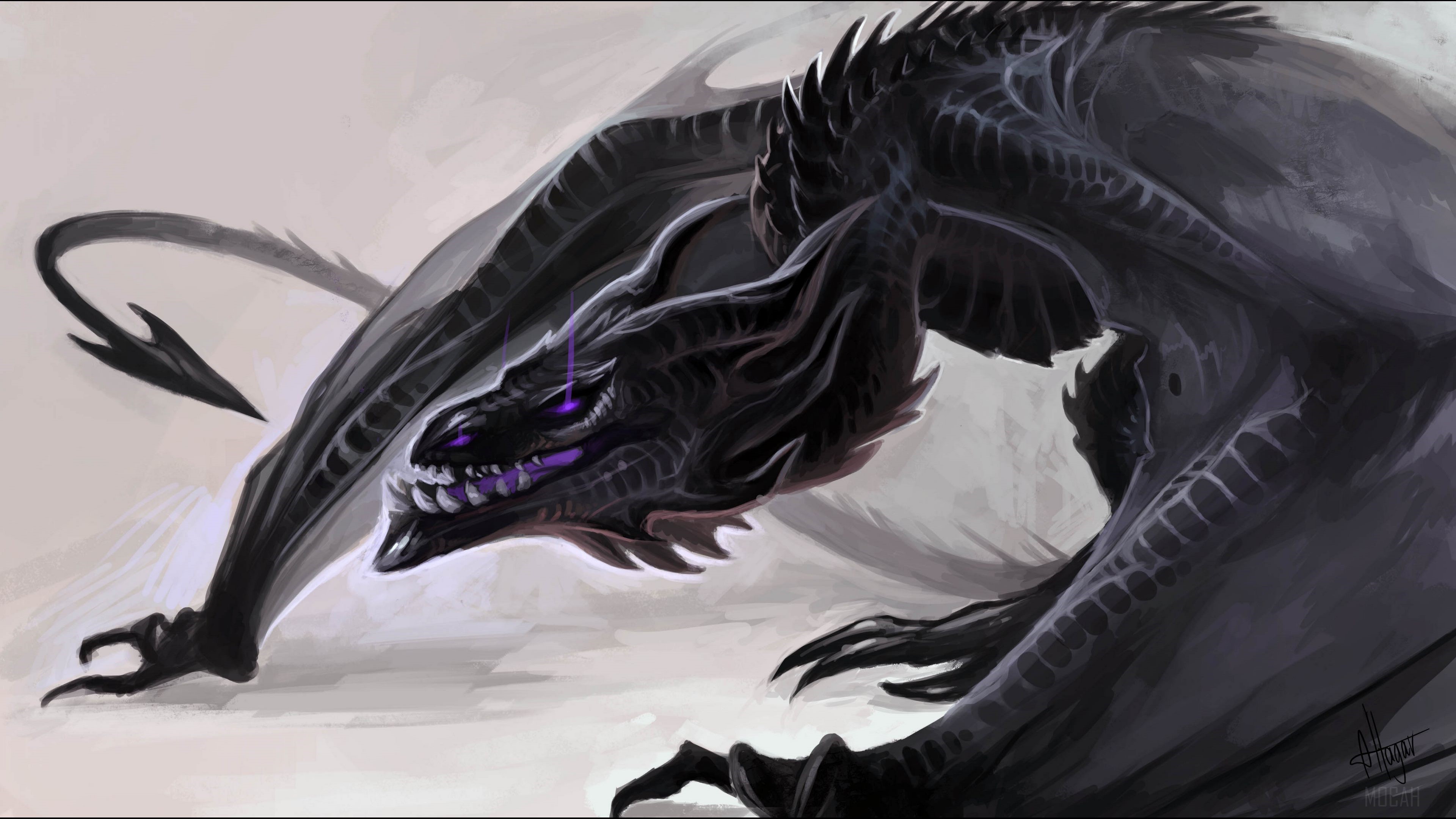 Black Dragon with Purple Eyes 4K HD Wallpaper